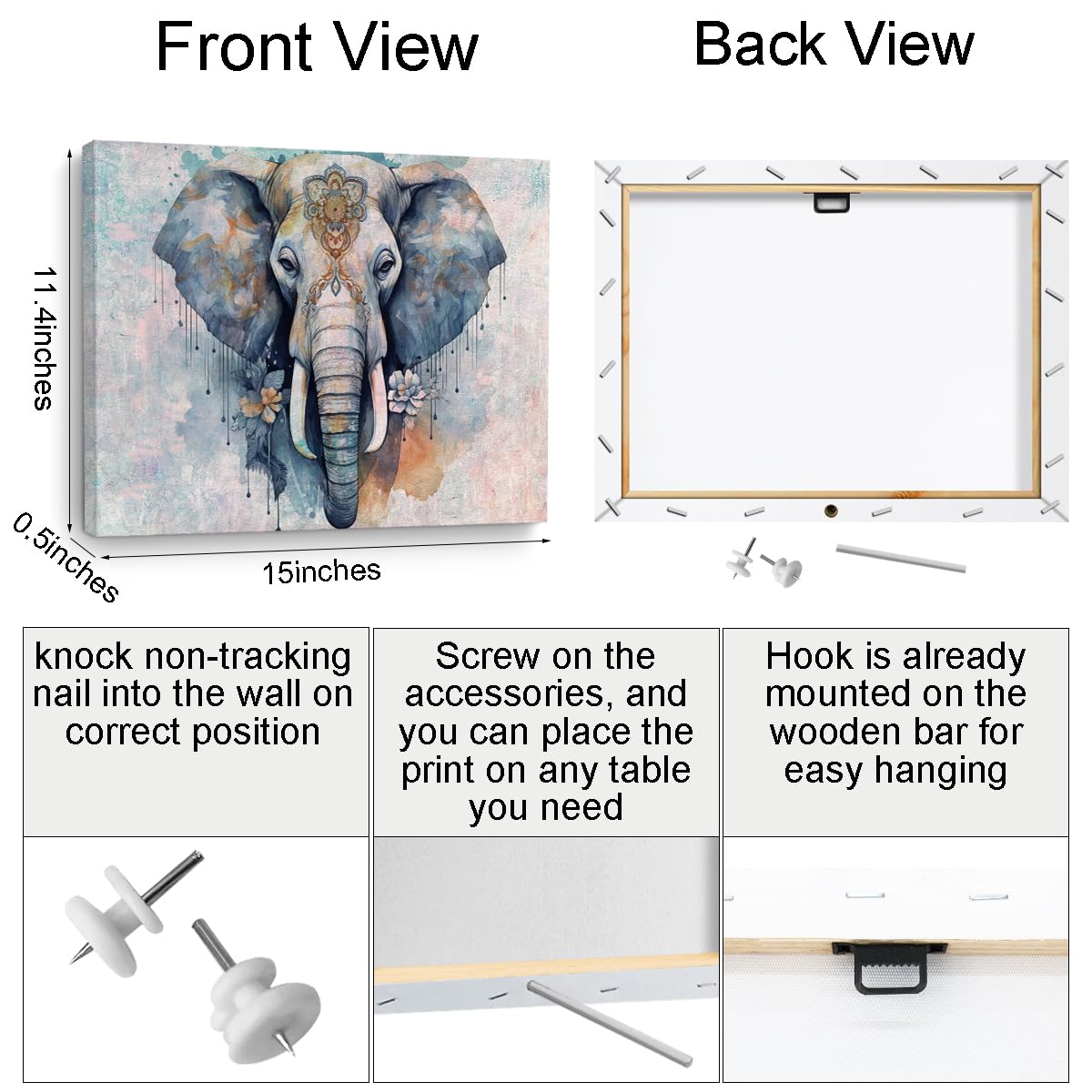 Retro Elephant Wall Art - Vintage Animal Themed Canvas Framed Poster - 15" x 11.4" for Home, Farmhouse, Bedroom, Kitchen, Living Room