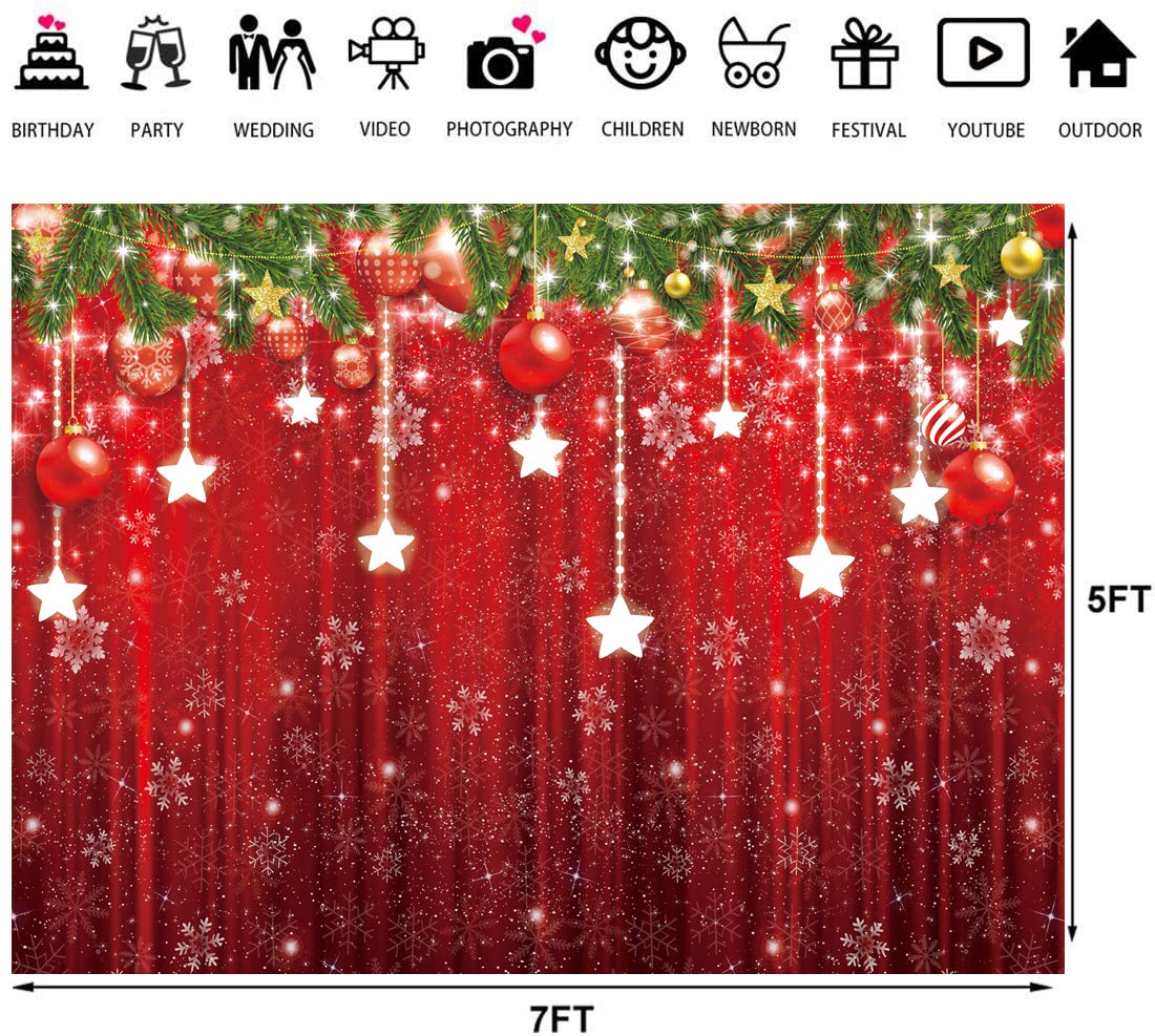 LTLYH 7x5ft Christmas Photography Backdrop Red Glitter Snowflake Star Hanging Ornaments Holiday Photo Background Xmas Party Decorations Holiday Photo Background 113