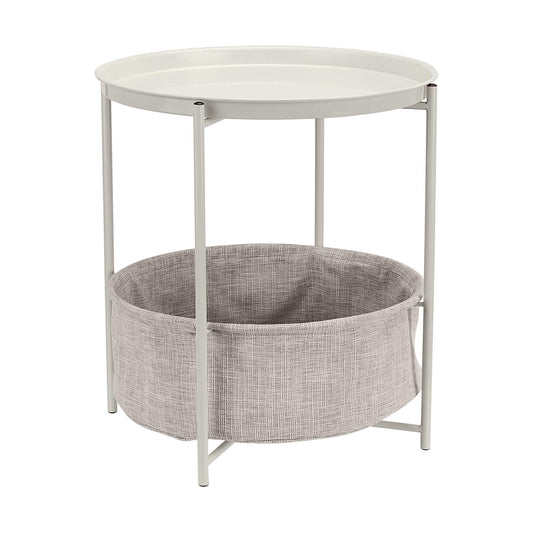 Amazon Basics Round Storage End Table, Nightstand with Cloth Basket, Bedside Table, White/Heather Gray, 17.7" L x 17.7" W x 18.9" H