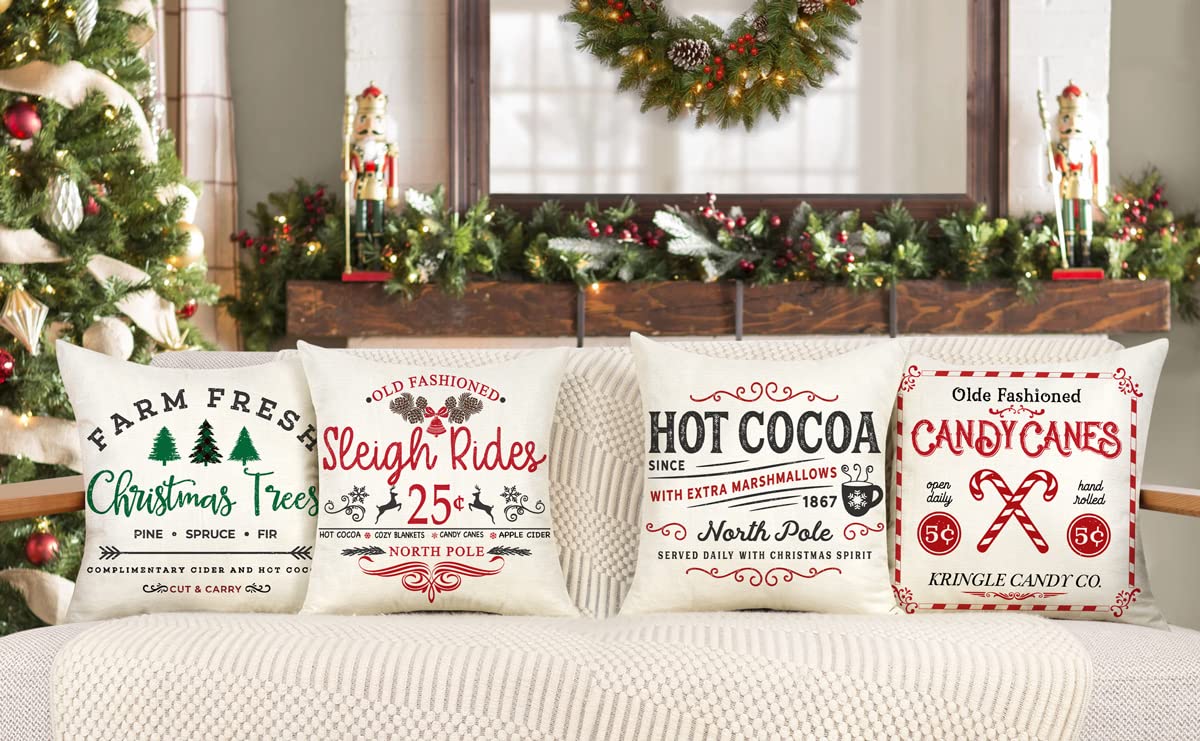 Farmhouse Christmas Pillow Covers 18x18 Set of 4 Winter Holiday Decorations Xmas Rustic Throw Cushion Case for Sofa Couch Home Decor (Sleigh Rides, Farm Fresh Tree, Cocoa, Candy Canes)