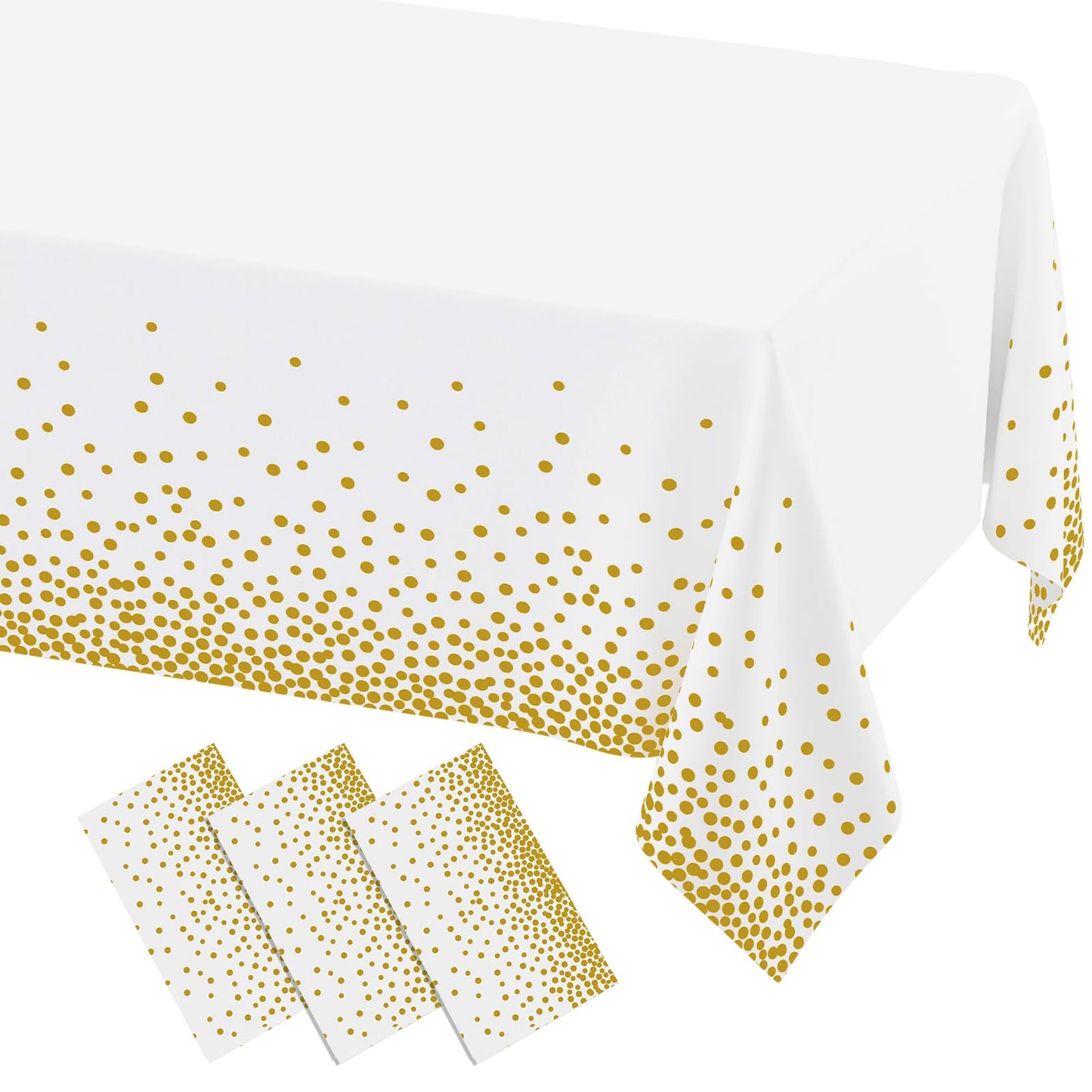 misaya 3 Packs Dot Disposable Table Cloth, 54 x 108 Inch Waterproof Plastic Tablecloth, Rectangle Gold Dots in White Table Covers for Picnic, Birthday, Party