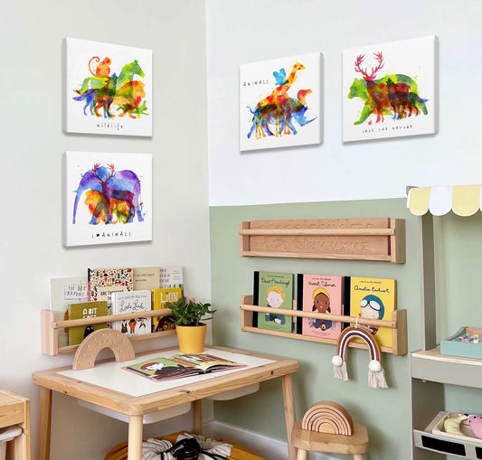 DJSYLIFE Colorful Animal Wall Art Canvas Prints Wildlife Wall Decor Watercolor Animal Theme Pictures Modern Artwork for Kids Bedroom Home Decoration 12''X12''X4
