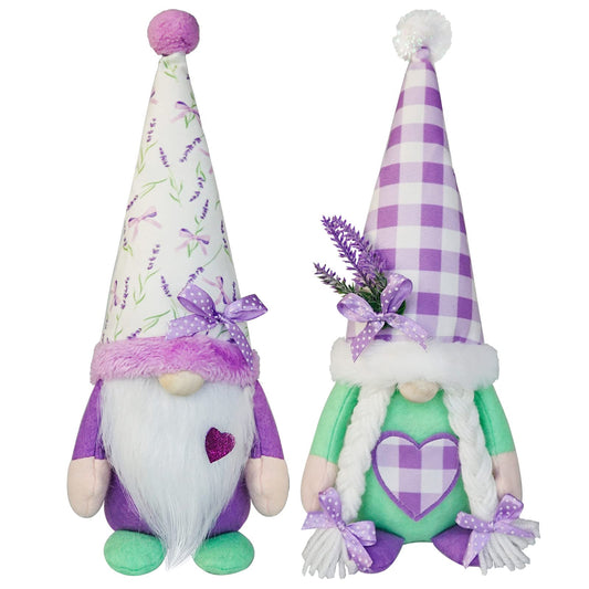 KnomeKo Spring Gnome Decor Set of 2, Lavender Gnomes with Sage Green & Purple Ribbon Bows, Plush Swedish Gnome Decorations for Home Tiered Tray Farmhouse Kitchen, Birthday Gift for Women