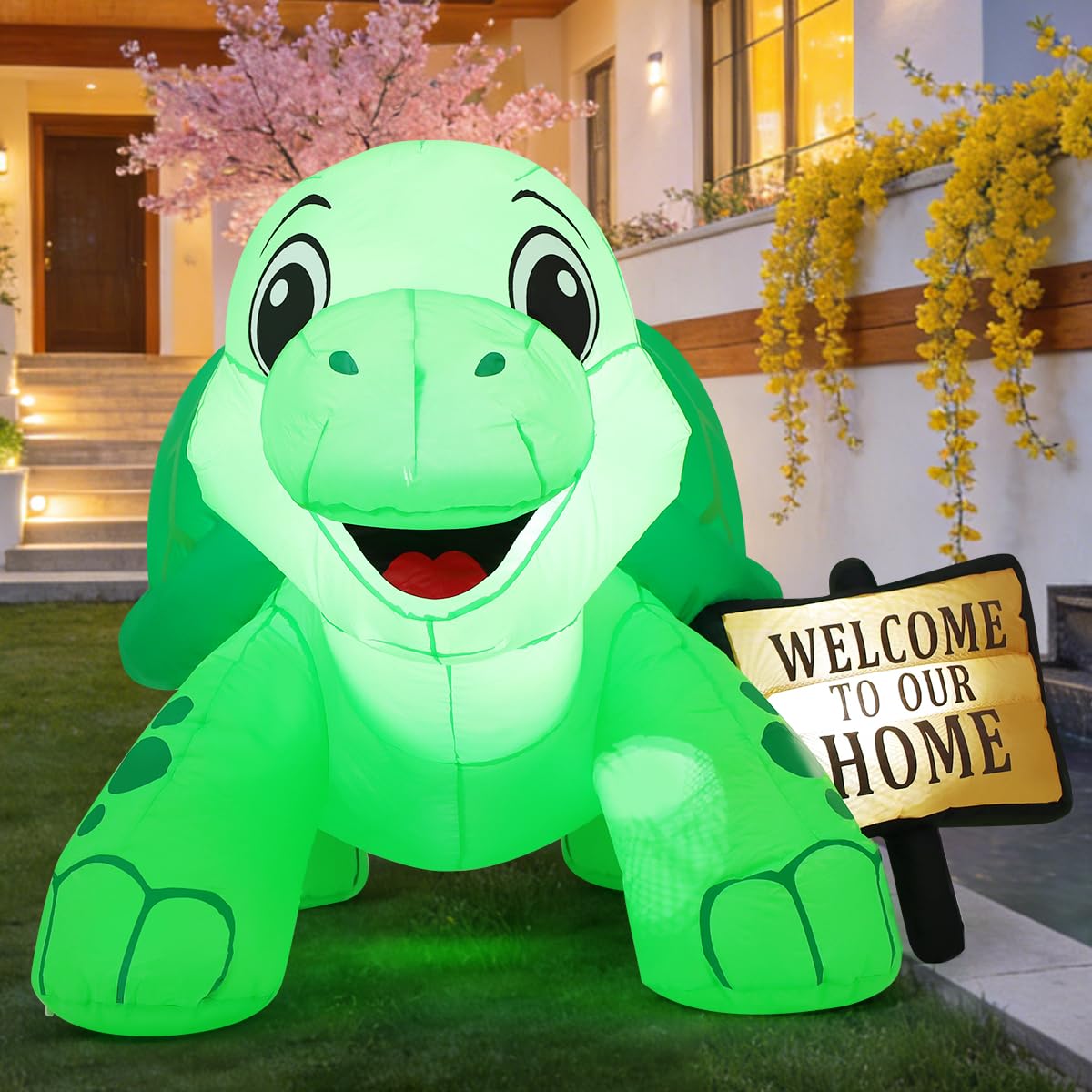 GOOSH 5 FT Long Spring Tortoise Inflatable Outdoor Decoration Blow Up Yard with Welcome Sign Built-in LEDs for Indoor Party Garden Lawn Decor