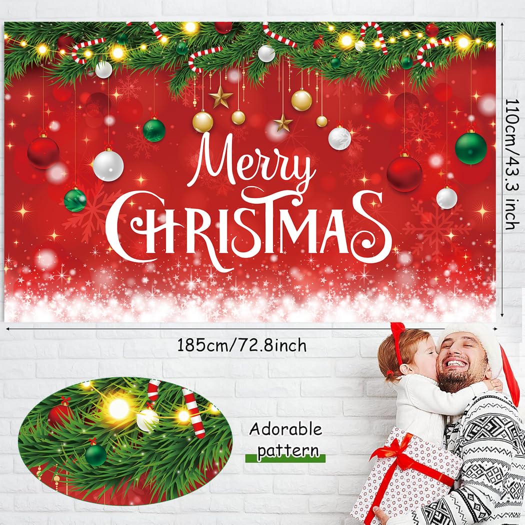 Merry Christmas Banner, Large Christmas Decorations Photo Banner Signs for Winter Indoor Outdoor Hanging Decor Wall Office Home Classroom, Red
