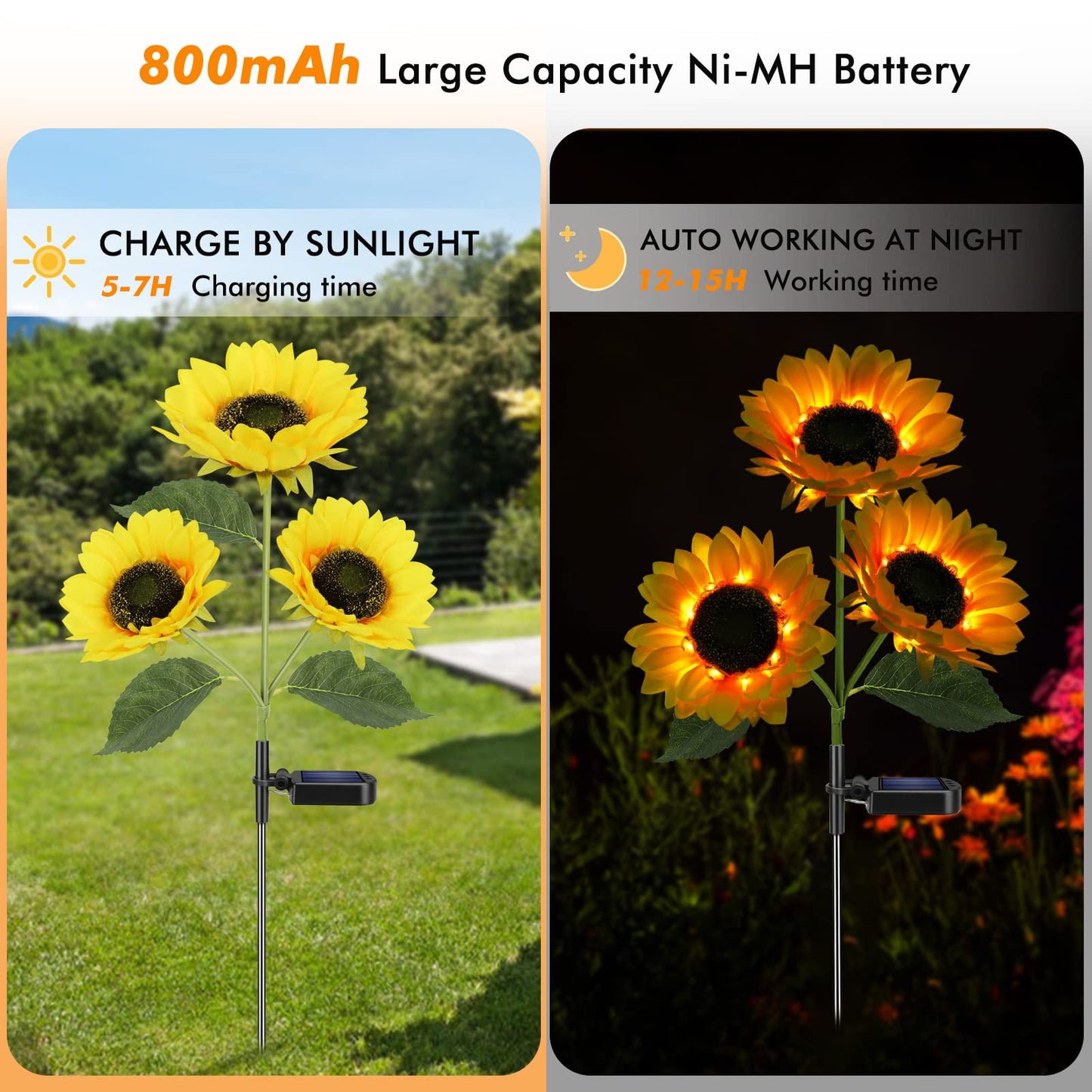Meagoo Solar Sunflower Lights, 800mA Solar Garden Light with Real Looking Flowers Outdoor Waterproof Solar Stake Lights for Back Yard, Flower Bed, Pathway, Patio, Porch, Spring Decoration (2 Pack)