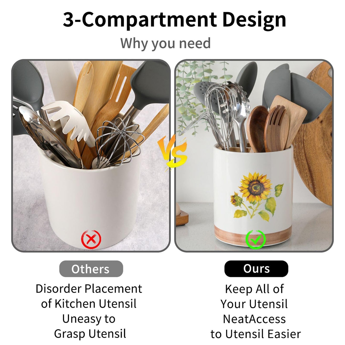 HAPPY KIT 7.6″ Extra Large Kitchen Utensil Holder, 360° Rotating Utensil Holder for Kitchen Counter with 3 Removable Compartment, Housewarming Gift & Farmhouse Decor(Sunflower)