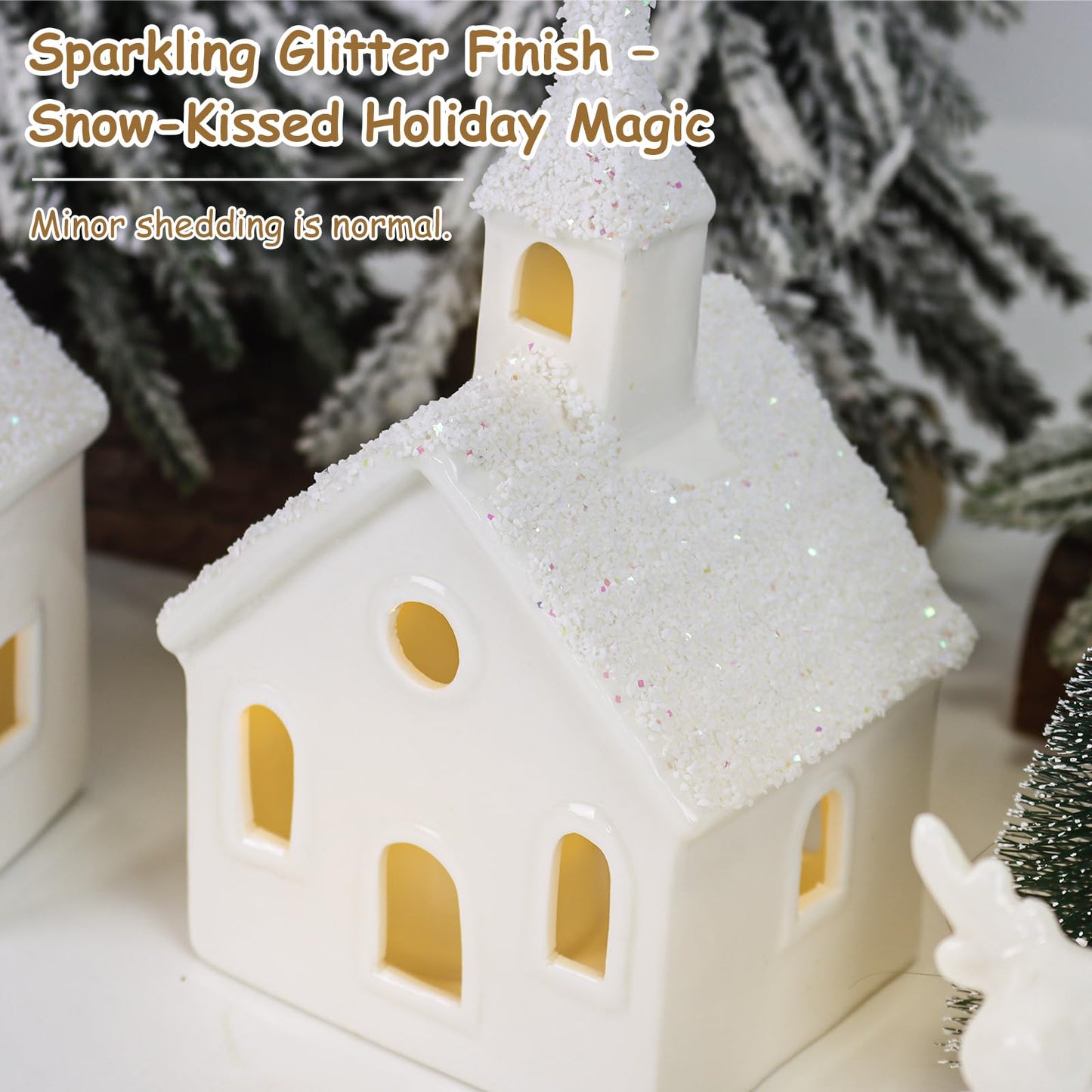 Christmas Decorations Indoor - 9 Piece Christmas Village Sets with 4 Remote Control Lighted Ceramic Houses, 2 Trees, 2 Deer & Santa - Neutral White Farmhouse Holiday Decor for Home Table Room(White)