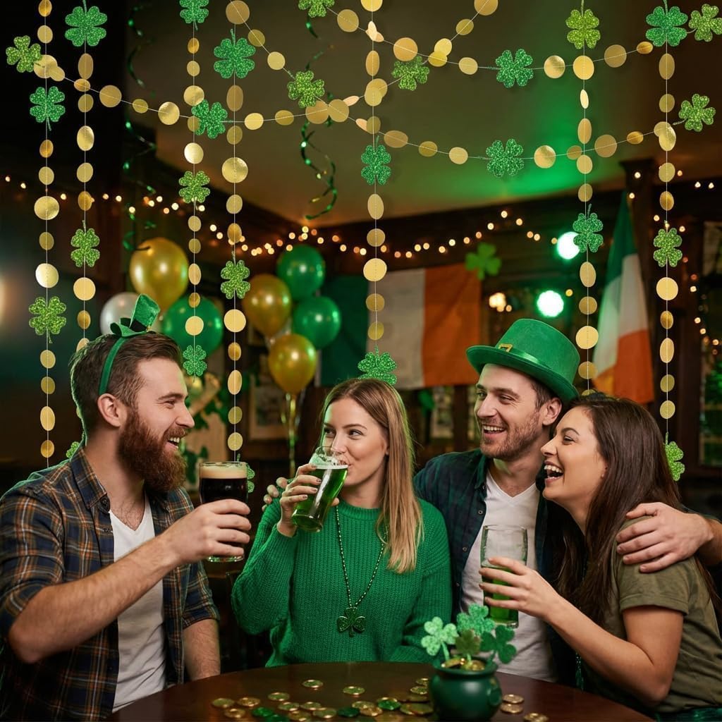 Cheerland St Patricks Day Decorations Green Shamrock Garland 4 Leaf Clover Glitter St Paddys Banner Hanging Streamers for Saint Patrick's Day Lucky One Birthday Irish Party Supplies Spring Decor 52Ft