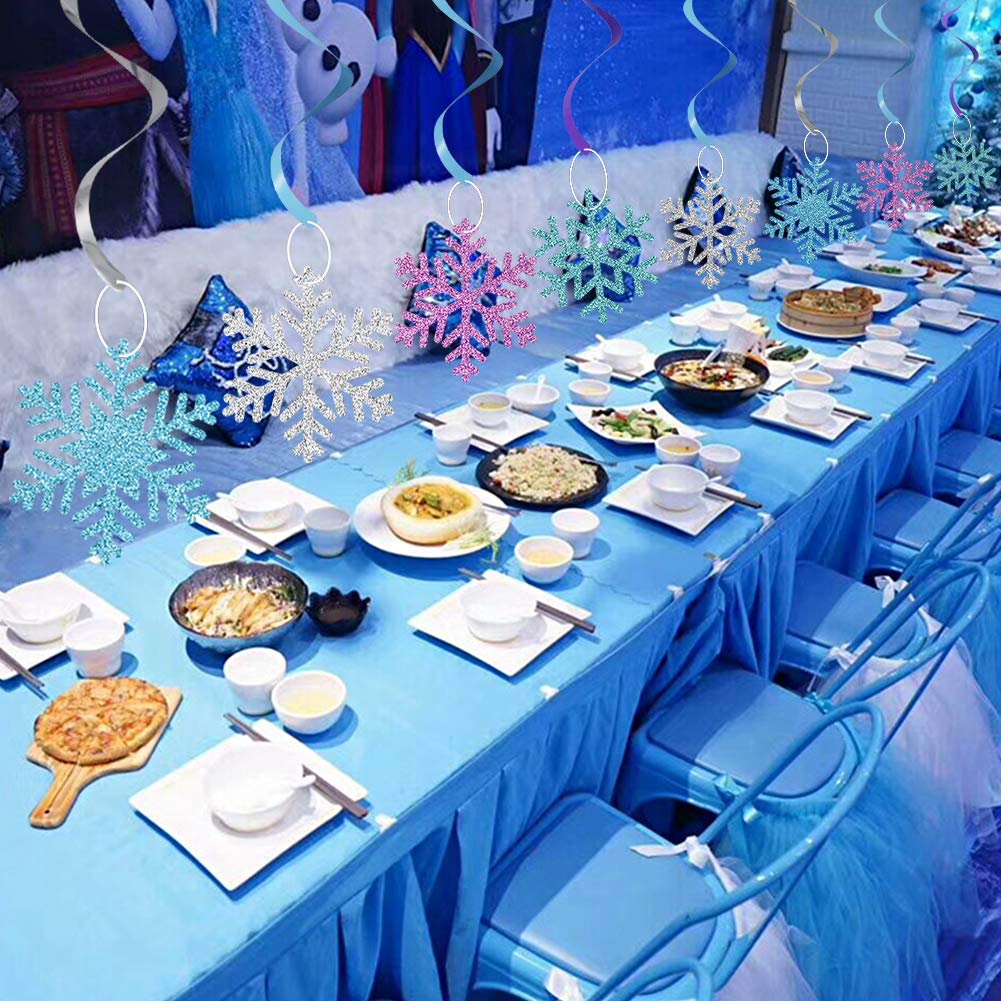 Snowflake Hanging Decorations, Winter Party Hanging Swirls Ceiling Streamers Purple Blue White Glitter Snowflakes Garland for Winter Wonderland Baby Shower Birthday Christmas Party Decorations