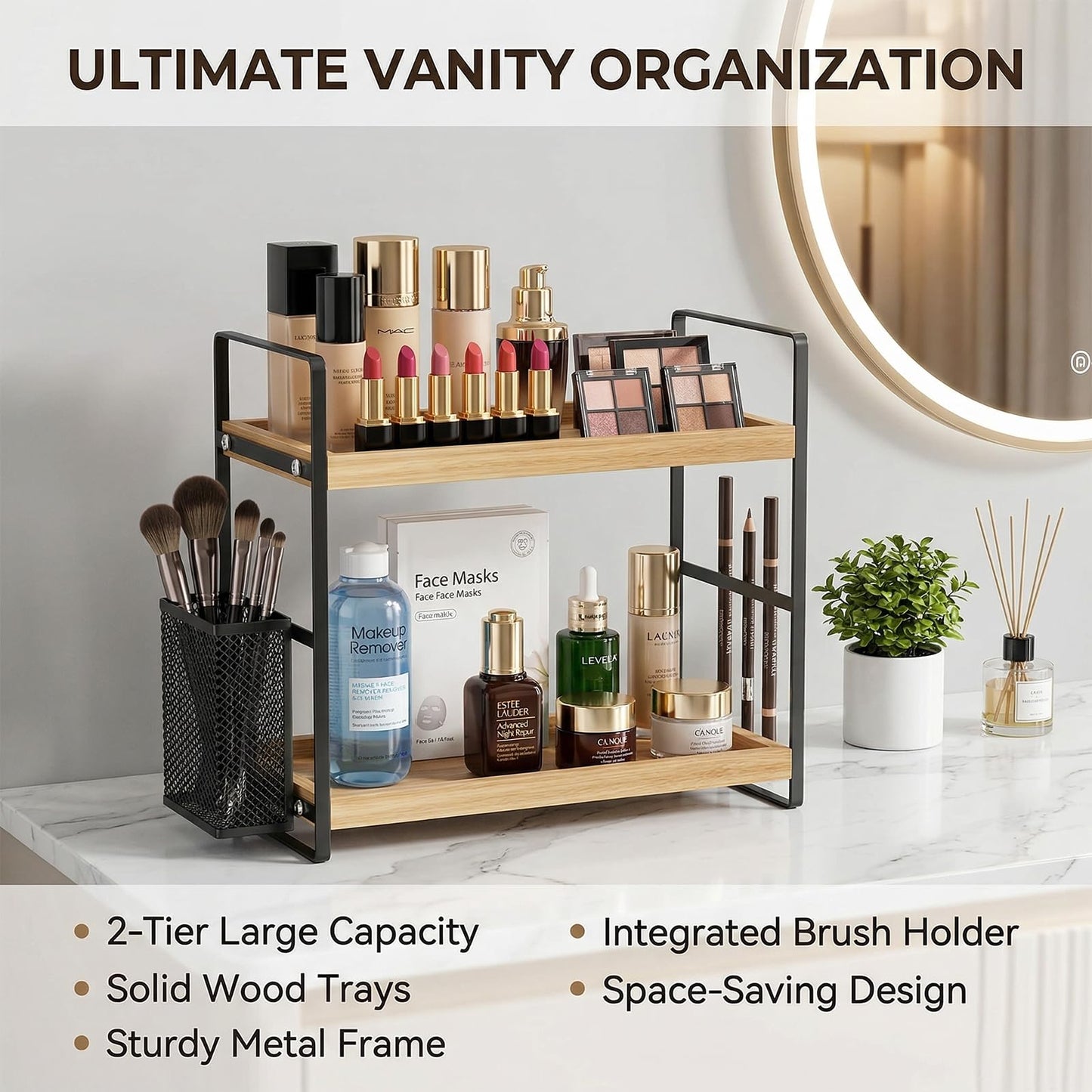 LEMIKKLE 2-Tier Wood Bathroom Counter Organizer with Basket,Waterproof Vanity Perfume Skincare Storage for Bathroom, Kitchen, Dresser