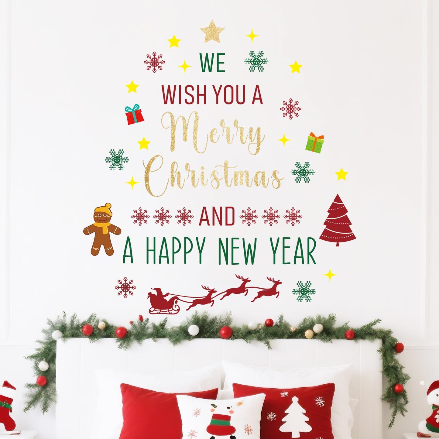Rotumaty Christmas Wall Decals Stickers Decor Glitter Merry Christmas Tree Happy New Year Quote Decorations Holiday Seasonal Wall Art Decor for Home Office Classroom Party Ornaments