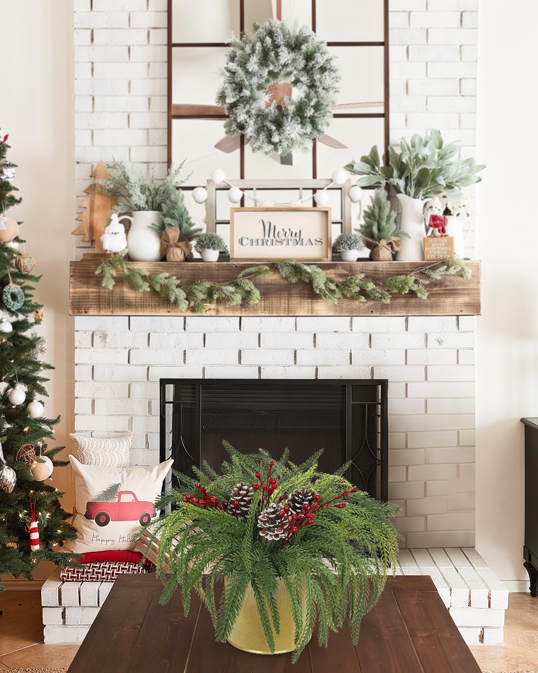 Briful Artificial Christmas Cedar Plant with Pinecones and Red Berries, 11'' Frosted Holiday Greenery in Gold Pot, Realistic Table Centerpiece for Home, Mantel, Office Christmas Décor