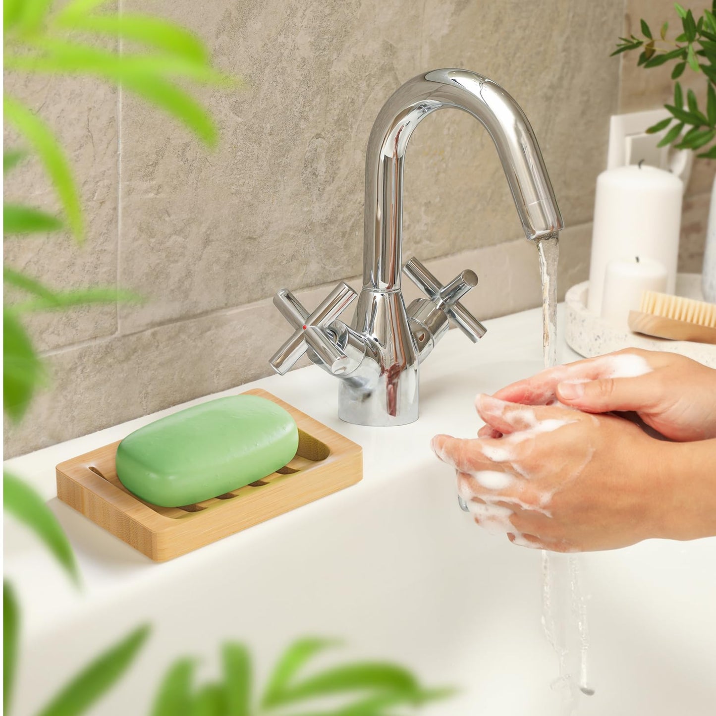 AmazerBath Soap Holder Soap Dish, Bamboo Soap Dish, 2 Pack Wood Bar Soap Holder for Shower, Trays Self Draining, Soap Saver for Shower, Bathroom, Kitchen(Natural Color)
