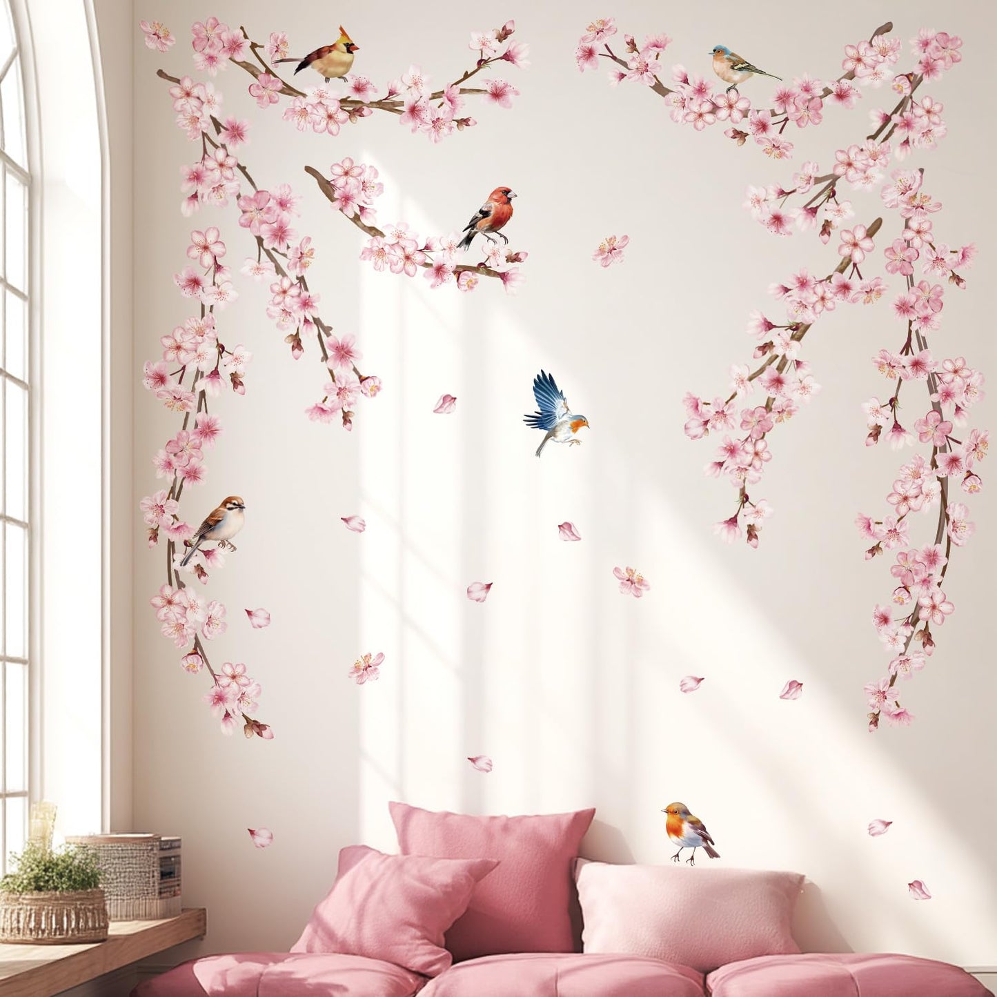 Cherry Blossom Wall Decals, Pink Vine Flowers, Hanging Floral Tree Branch and Birds Peel & Stick Wall Stickers for Bedroom, Living Room, Nursery, Sofa, Office Decor