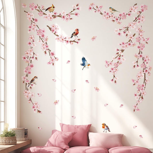 Cherry Blossom Wall Decals, Pink Vine Flowers, Hanging Floral Tree Branch and Birds Peel & Stick Wall Stickers for Bedroom, Living Room, Nursery, Sofa, Office Decor