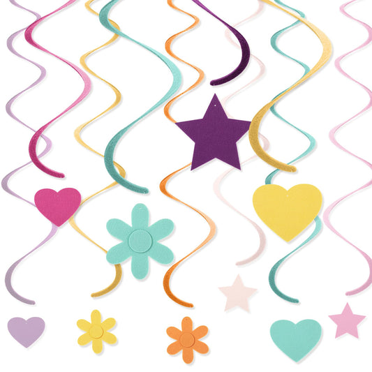 Breling 72 Pcs Felt Colorful Hanging Swirl Decorations Rainbow Ceiling Streamer Crafted Flowers Stars Hearts Spiral Garland for Baby Shower Birthday Wedding Party Classroom Supplies(Elegant Color)