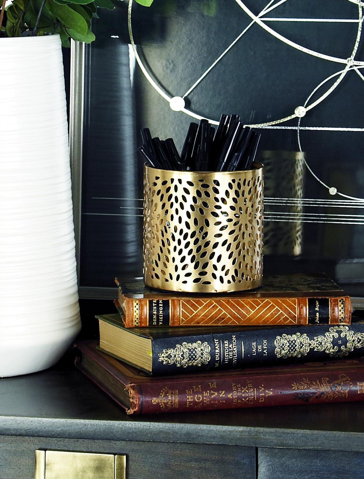 Deco 79 Metal Cylinder Pencil Cup with Laser Carved Floral Design, 4" x 4" x 4", Gold