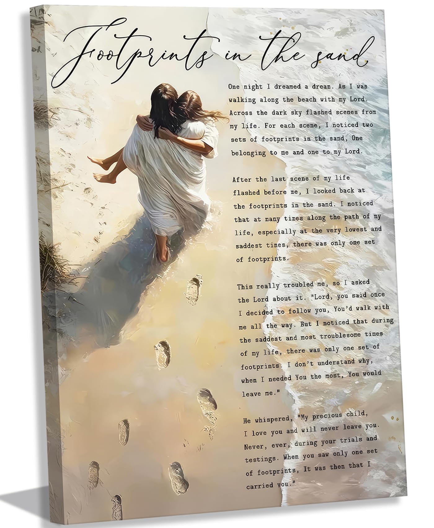 Footprints in the Sand Canvas Wall Art Chrisitan Inspirational Painting Picture Jesus Hugging Woman on Beach Poster Prints for Christian Women Living Room Bedroom Wall Decor 12x16in Framed