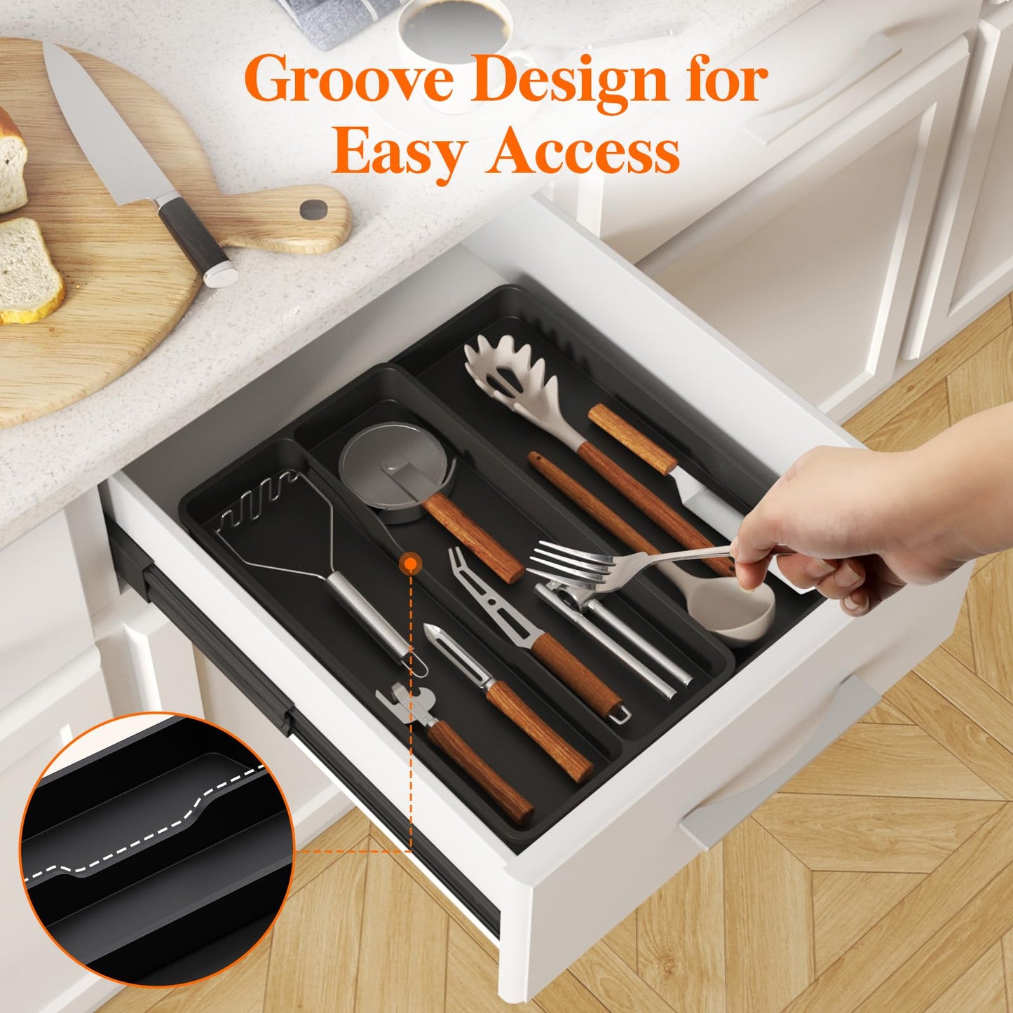 Lifewit Utensil Organizer for Kitchen Drawer, Expandable Cooking Silverware Tray, Adjustable Cutlery Flatware Holder, Plastic Spatula Tools Storage Divider, 14.4 x 15.8", Black