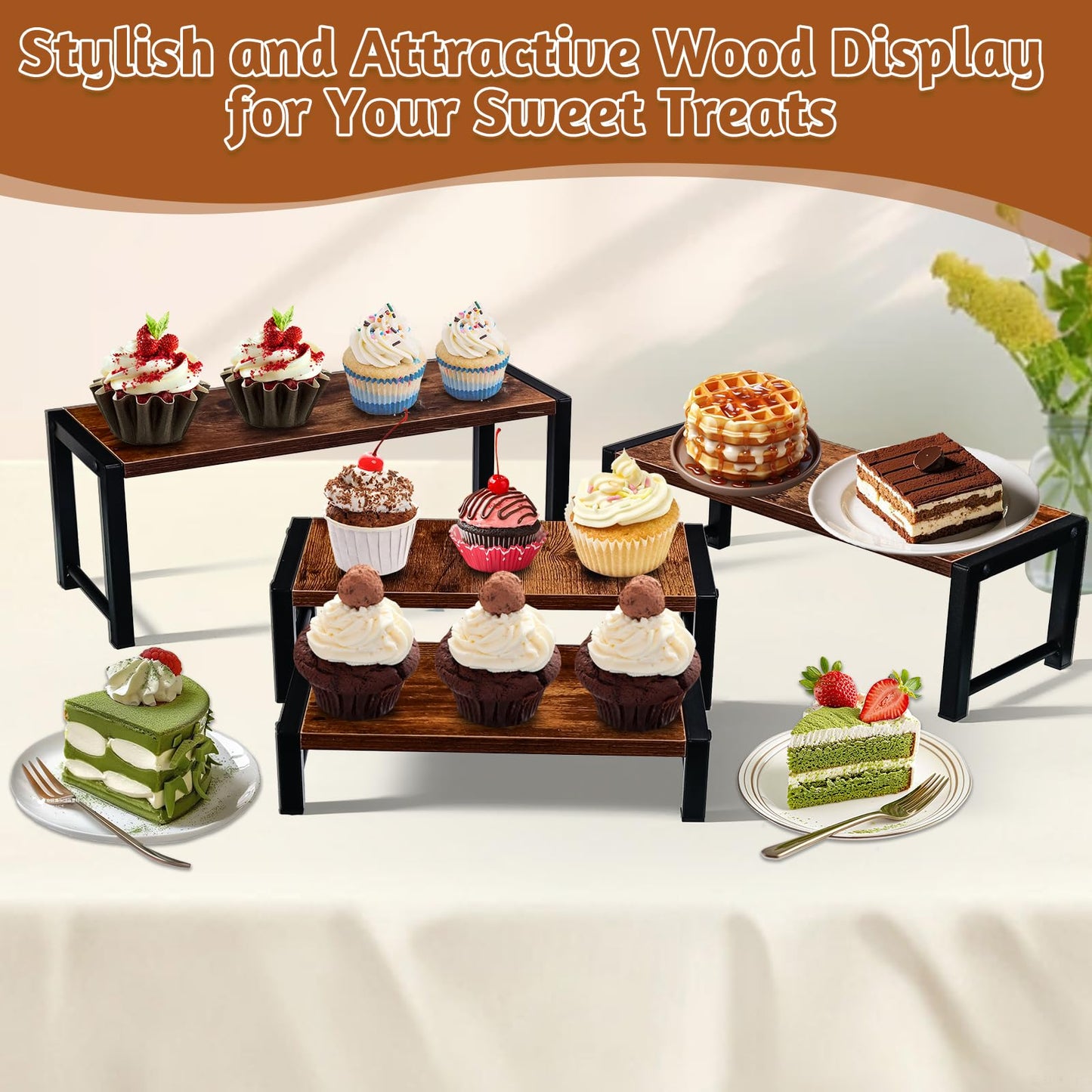 NANXITU 4 Pcs Wood Risers Display Stand, 4 Tier Cupcake Holder with Metal Frame Wooden Risers for Table Display, Perfume Collectibles Organizer Shelf, Tiered Riser for Vendors, Buffet Risers for Food Desserts Party Decor