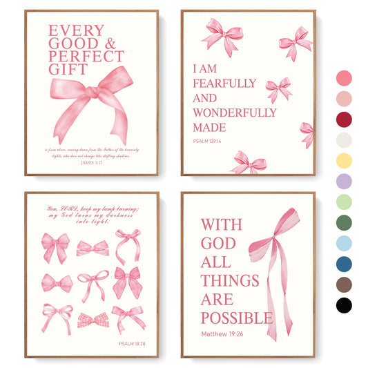 LARTSFRO Coquette Pink Bow Christian Wall Art Decor Posters, Pink Bow Christian Bathroom Room Bedroom Dorm Wall Art Decor Aesthetic for College Teen Girls Gifts,Inspirational Bible Verses Bow Wall Decor, 10x8 Inch Set of 4 Bow Pictures(UNFRAMED)