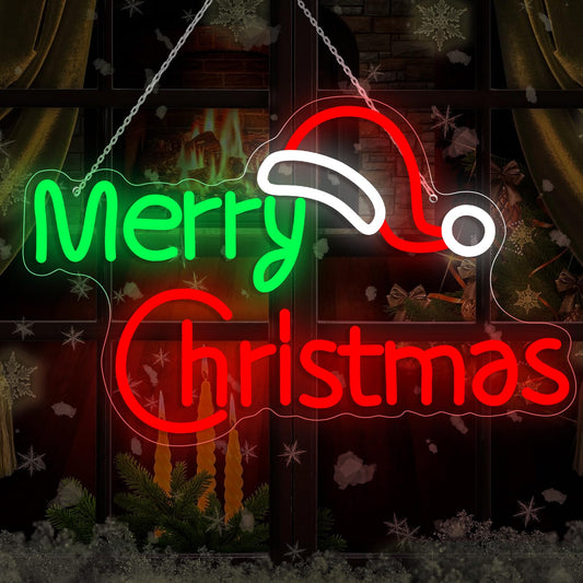 Merry Christmas Neon Signs, Dimmable Merry Christmas LED Light Sign For Holiday Party Home Bar Decoration, USB Powerd Christmases Neon Lights For Wall Decor Festival Celebration 14.96" × 9.45"