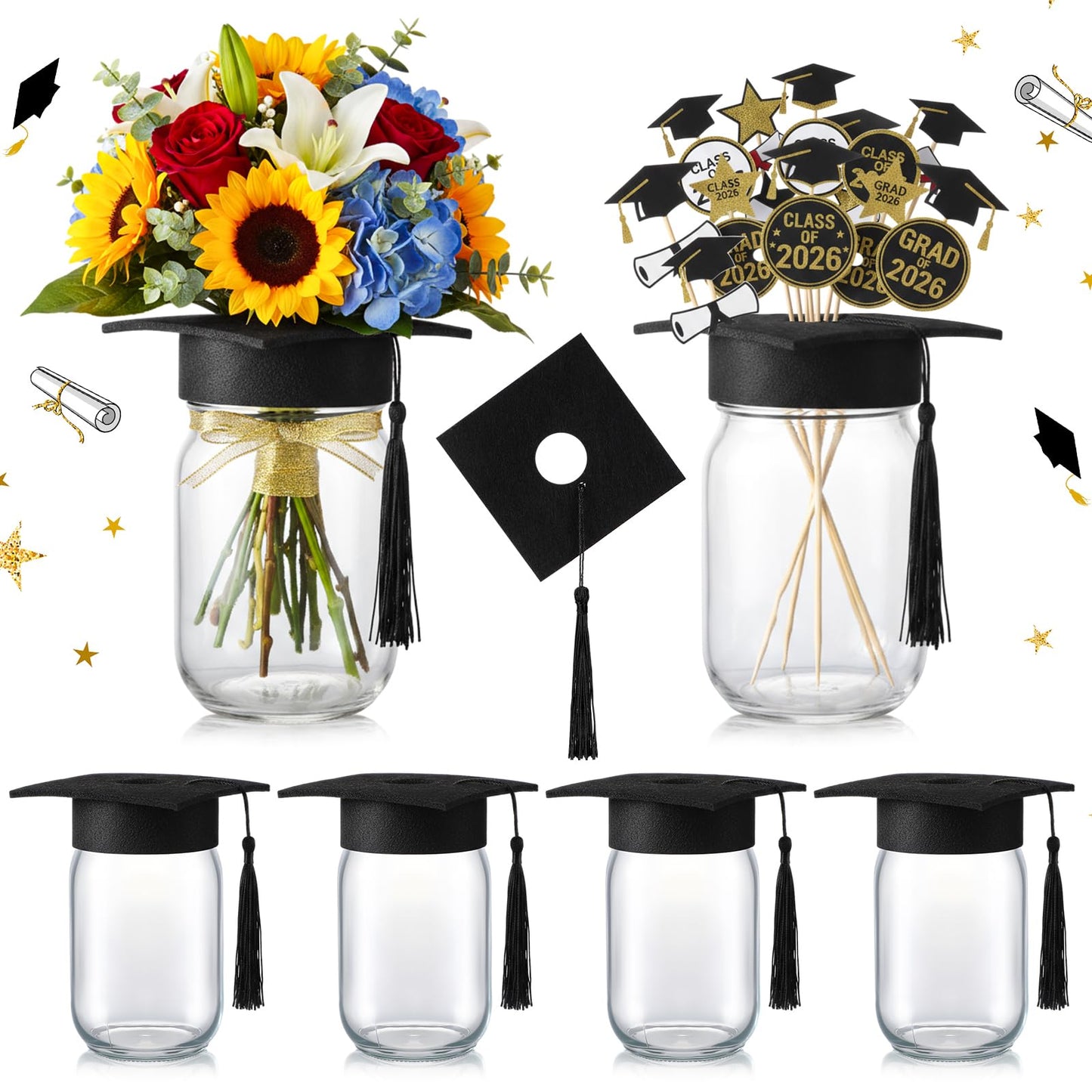 Qinyoung 6 Pcs 2026 Graduation Table Decoration Centerpiece Class of 2026 Graduation Decoration for Table Mason Jar with Grad Cap for Centerpiece Flower College High School Congrat Grad Party (Black)