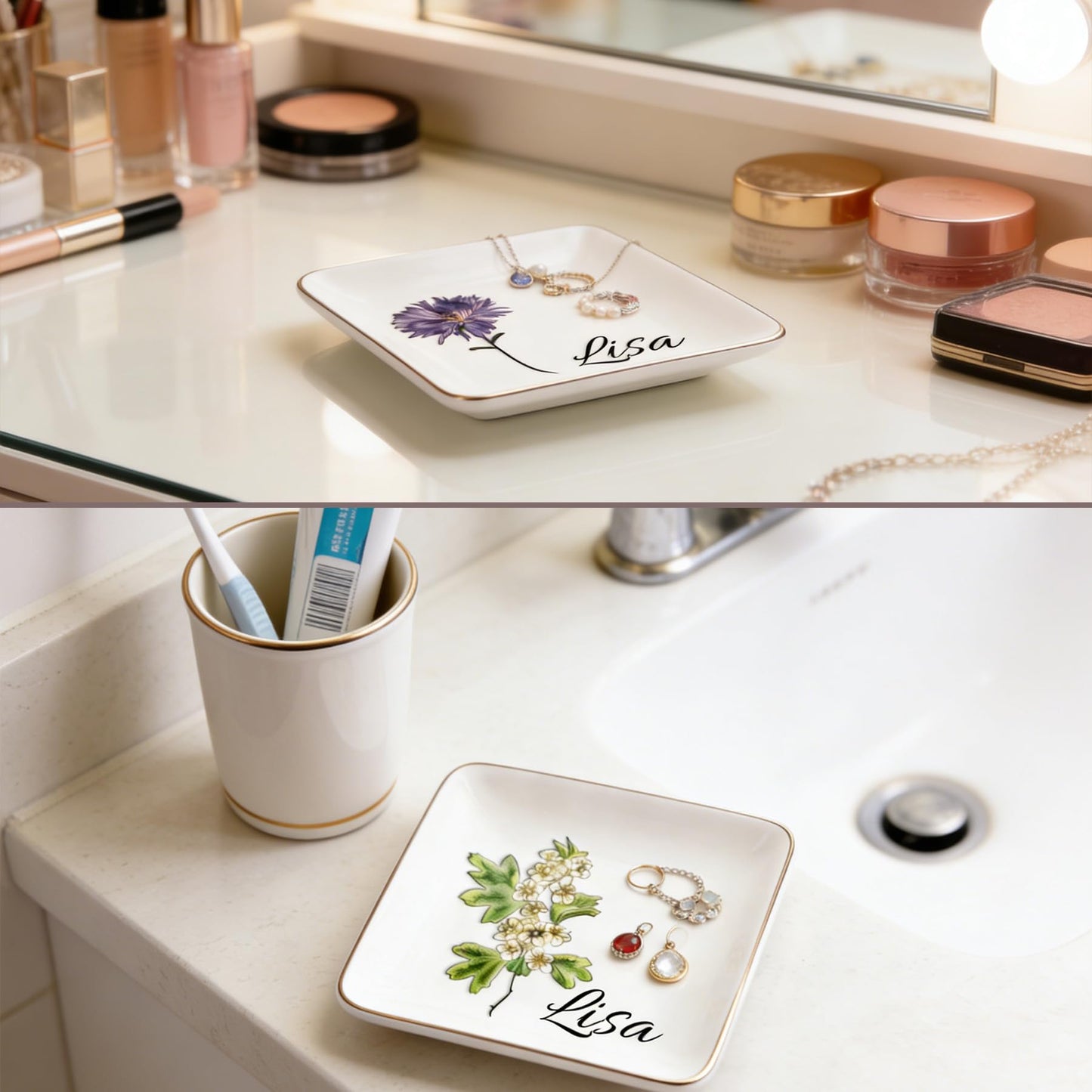 Personalized Ceramic Ring Dish, Personalized Birth Flower Jewelry Dish for Women, Personalized Besties Photo Ring Dish, Custom Jewelry Dish Gift for Besties, Anniversary Birthday Wedding Gifts (A)