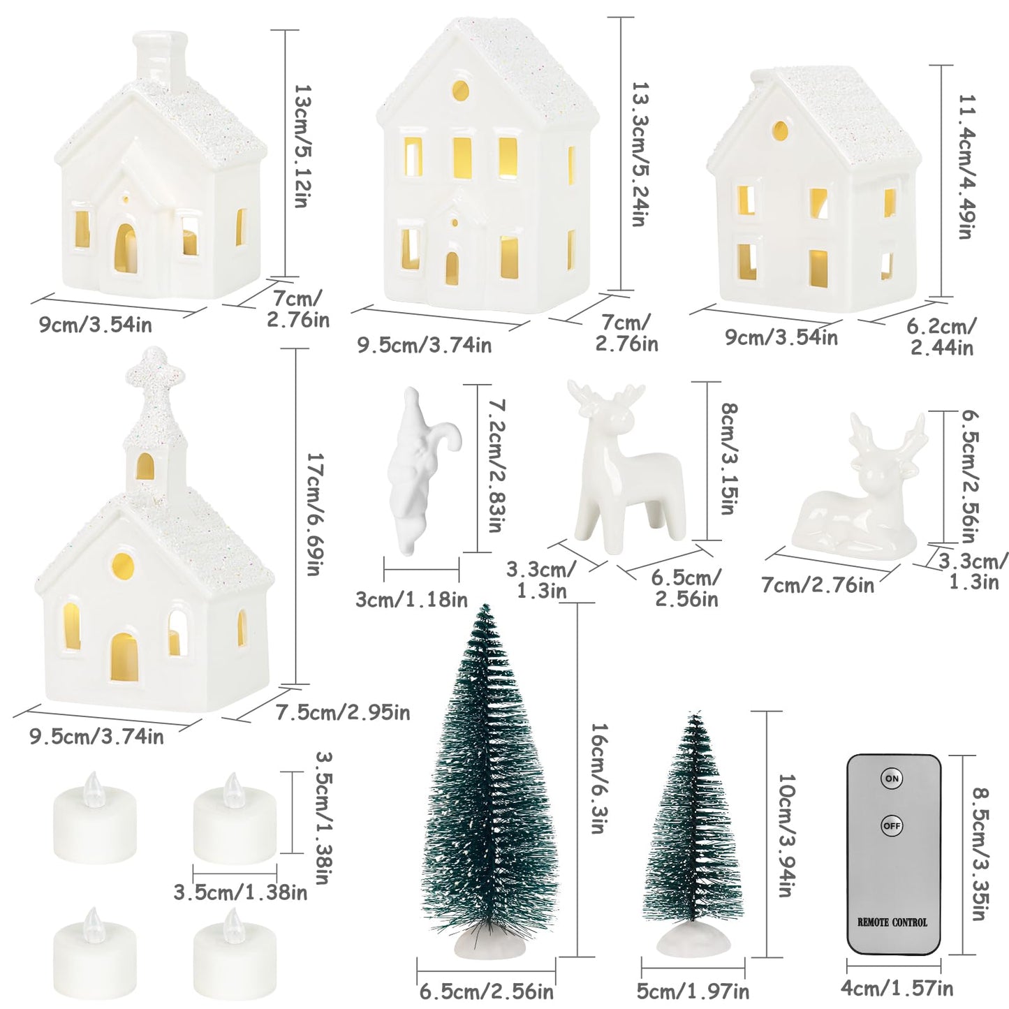 Christmas Decorations Indoor - 9 Piece Christmas Village Sets with 4 Remote Control Lighted Ceramic Houses, 2 Trees, 2 Deer & Santa - Neutral White Farmhouse Holiday Decor for Home Table Room(White)