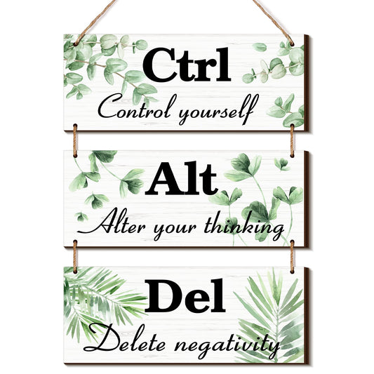 Qunclay 3 Pcs Office Wall Decor Green Leaves Wood Rustic Hanging Cubicle Decor Summer Inspirational Ctrl Alt Del Sign Decoration for Bathroom Indoor Home Living Room