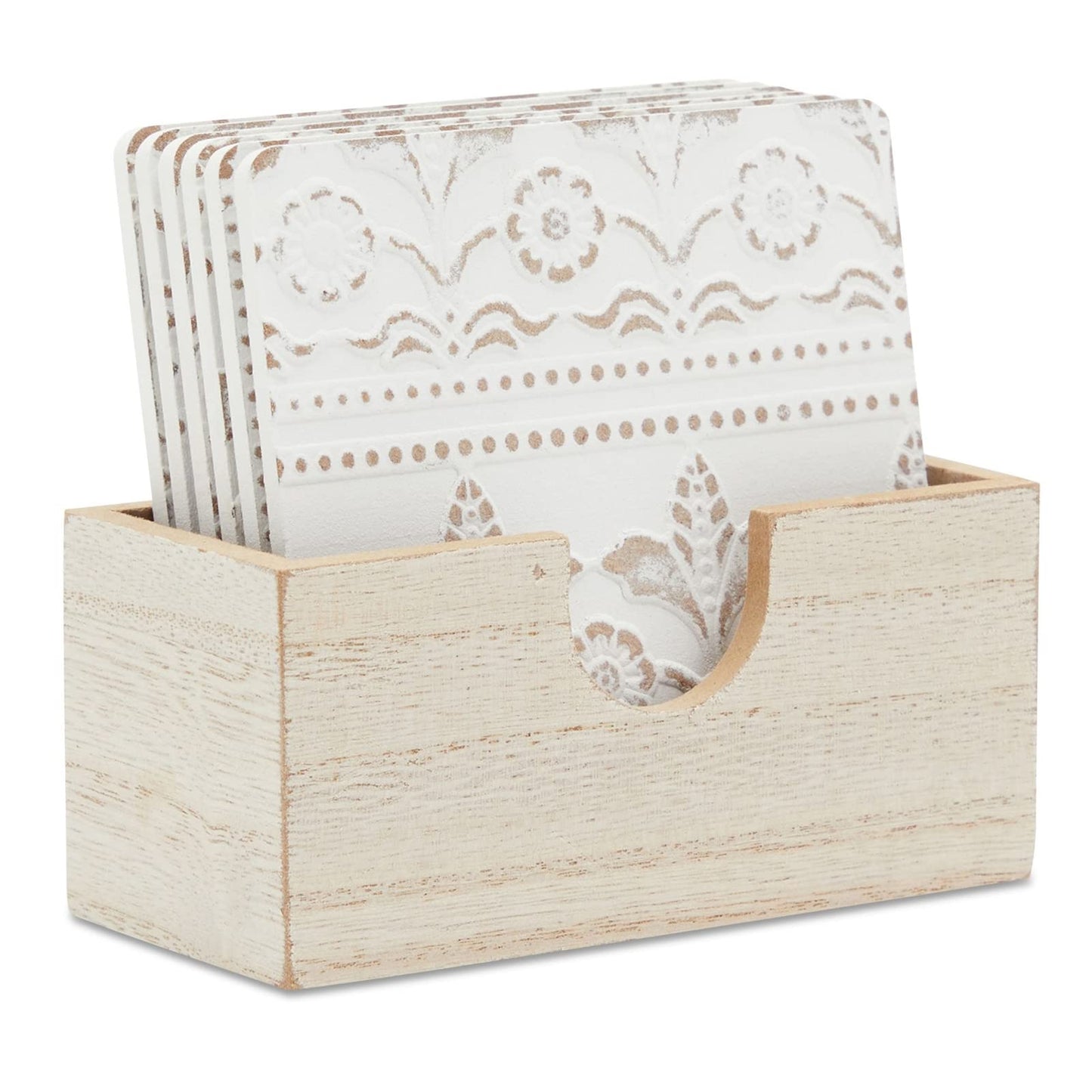 Juvale Wooden Coasters Set of 6-3.8 in, White, Square, Farmhouse Style - Coaster Holder for Coffee Table & Bar Decor - Kitchen & Living Room Decor