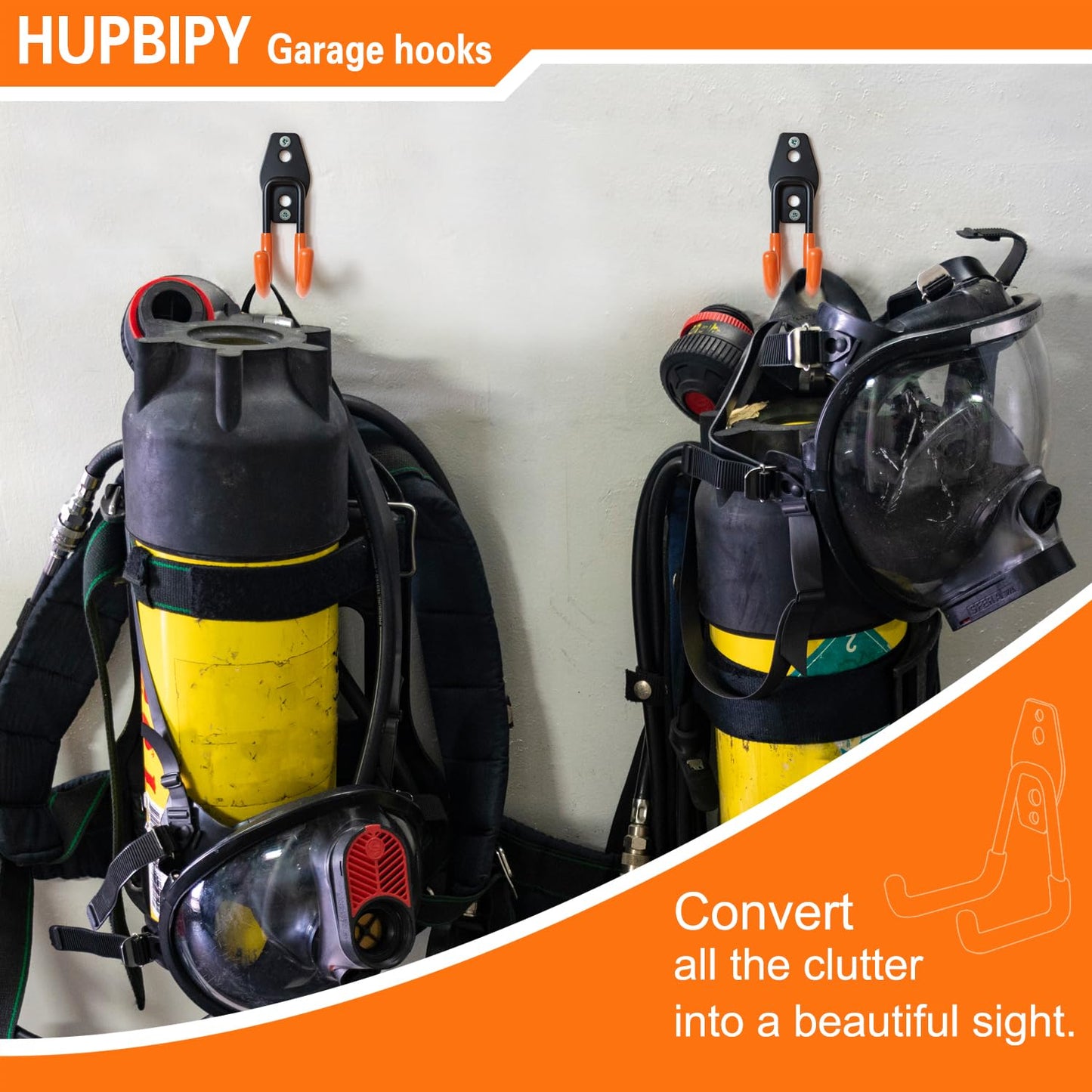HUPBIPY Heavy Duty Garage Hooks 6 Pack, J Shaped Hanger, Wall Mounted Storage System, Power and Garden Tool Organizer, for Hanging Ladders, Bikes Tires, Hose, Bulk Items