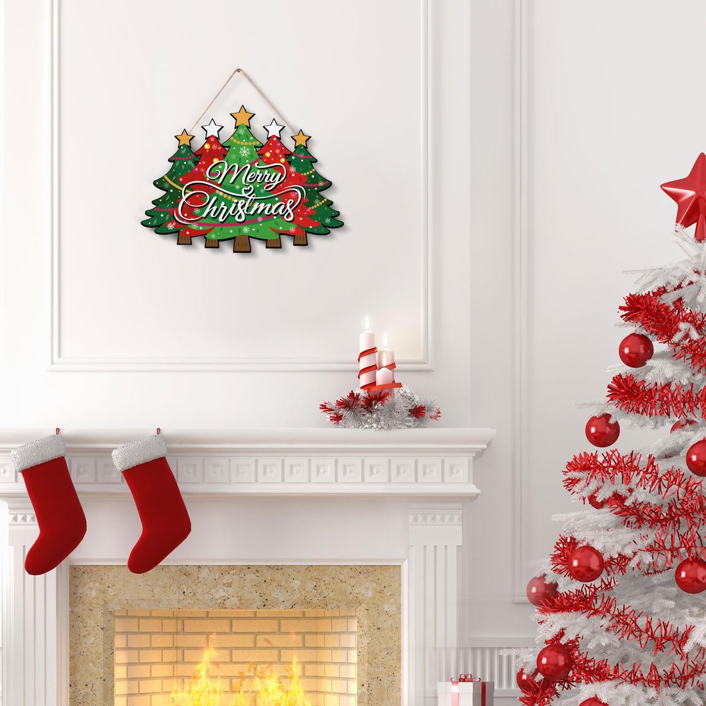 Merry Christmas Door Sign,Christmas Decor, Tree Wood, Decorations Hanging Sign,Merry Welcome Sign,Farmhouse Hanging Plaque Porch Xmas Front Outdoor Home Decor