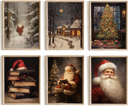 Kizbook Vintage Christmas Wall Art Prints, Santa Claus Christmas Holiday Art Prints Painting, Farmhouse Xmas Christmas Poster, Christmas Gallery Wall Art Winter Print, Vintage Christmas Decor for Holiday, Set of 6 (8"x10"-Unframed)