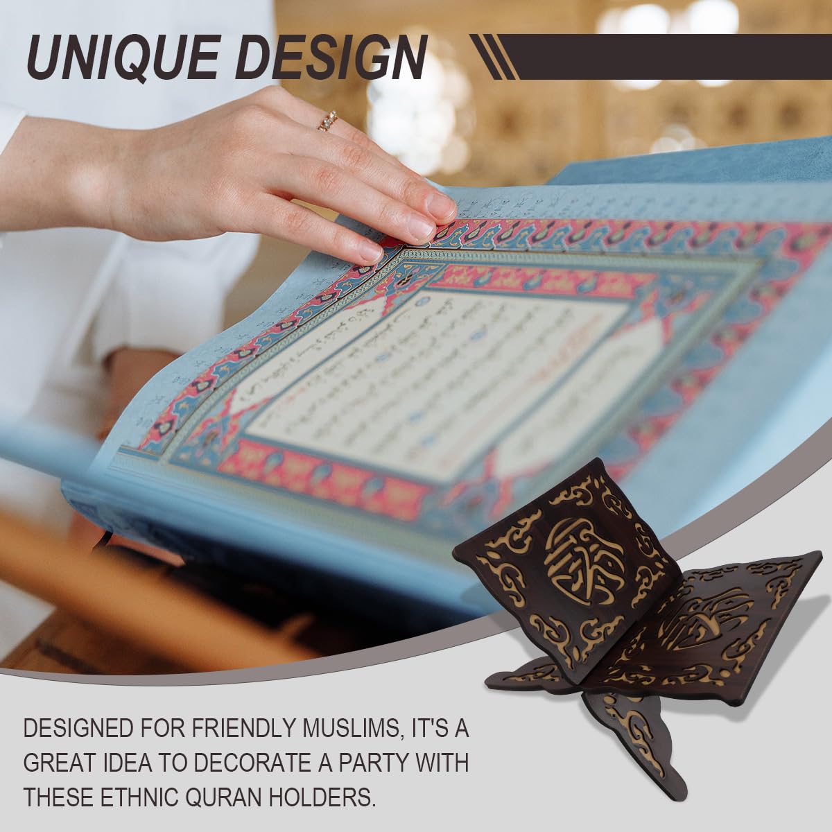 LNQ LUNIQI Foldable Wooden Book Stand Quran Bible Book Holder Muslim Reading Bookshelf Magazine Cookbook Display Holder for Display Reading Prayer Chapel（Black）