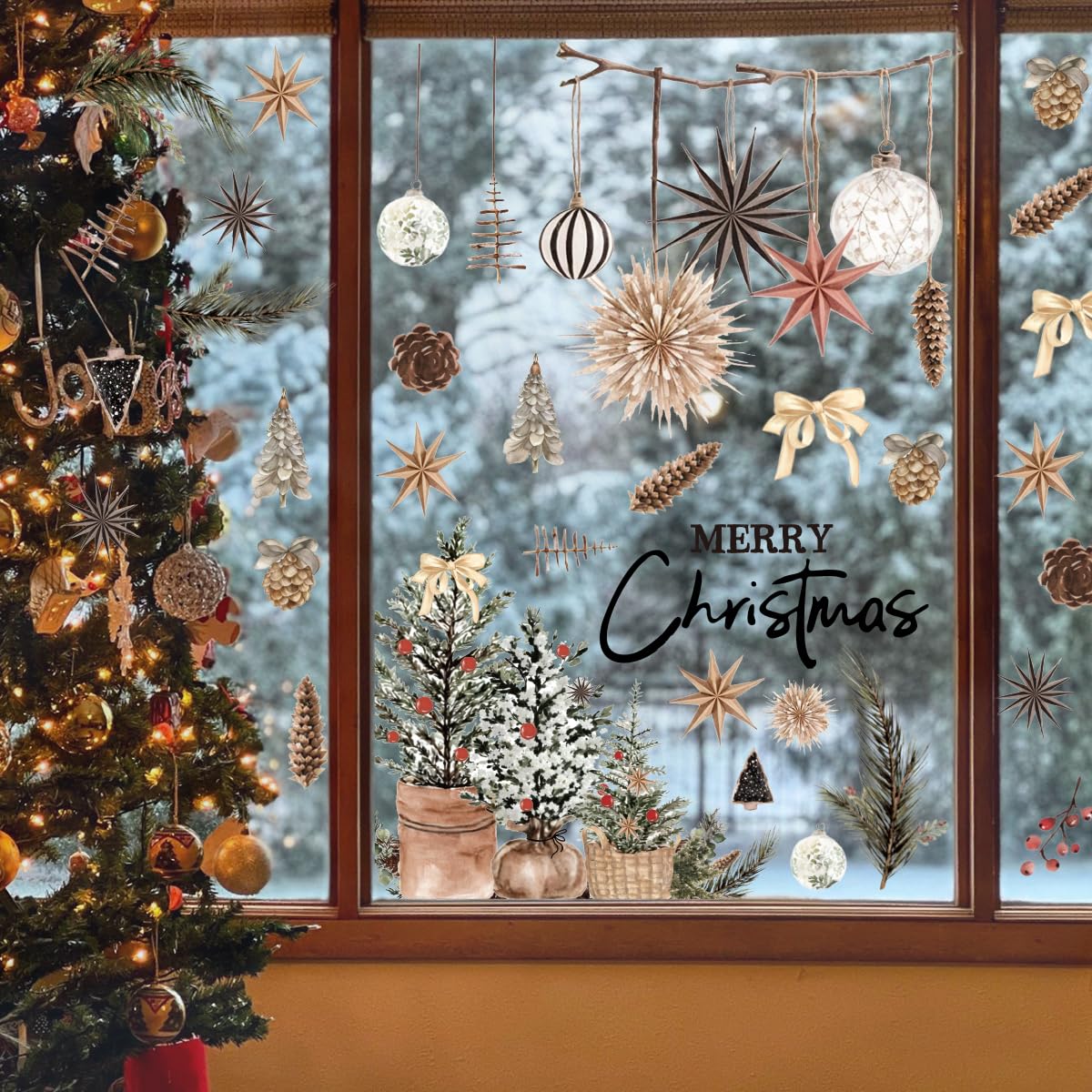 Horaldaily 45 PCS Christmas Window Cling Sticker, Brown Xmas Trees Ball Ornaments for Home Party Supplies Shop Window Glass Display Decoration