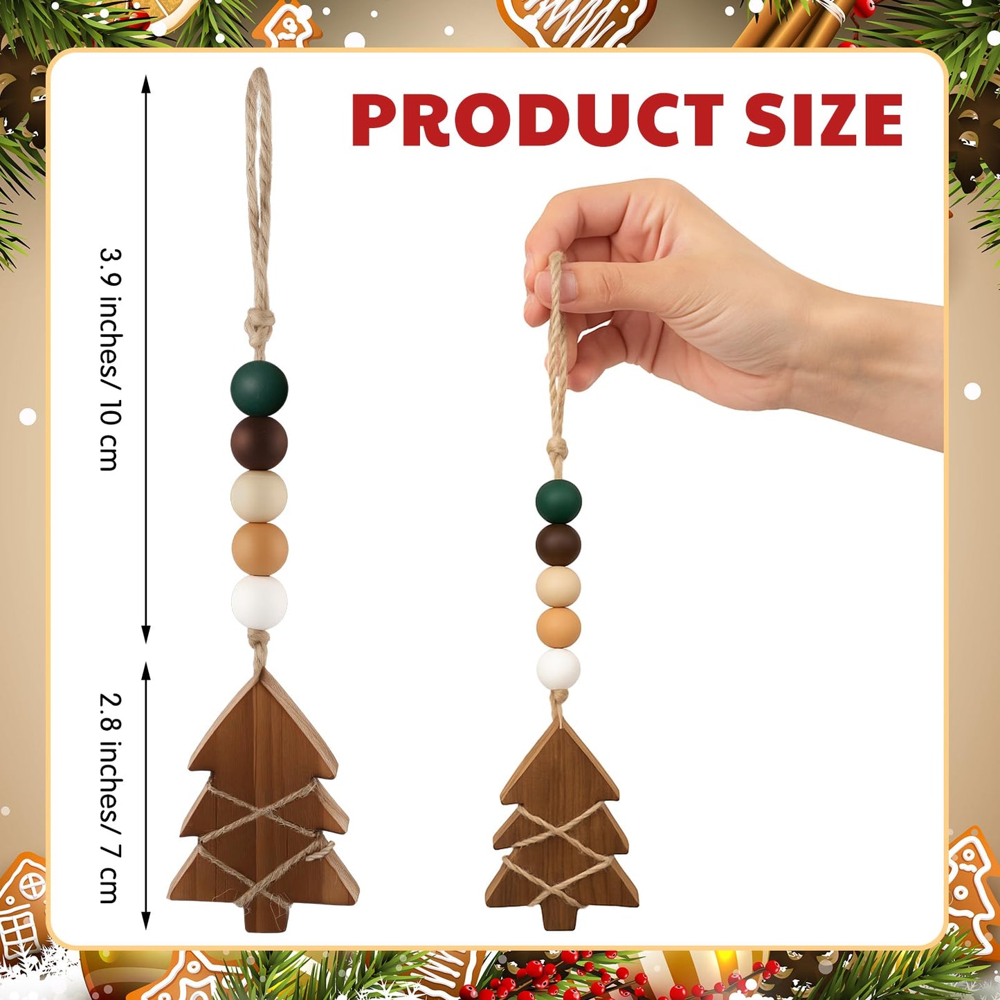 Civaner 6 Pcs Neutral Christmas Tree Hanging Ornament with Wooden Beads Rustic Wooden Boho Christmas Tree Decorations Bead Garland for Xmas New Years Holiday Farmhouse Gift Decor