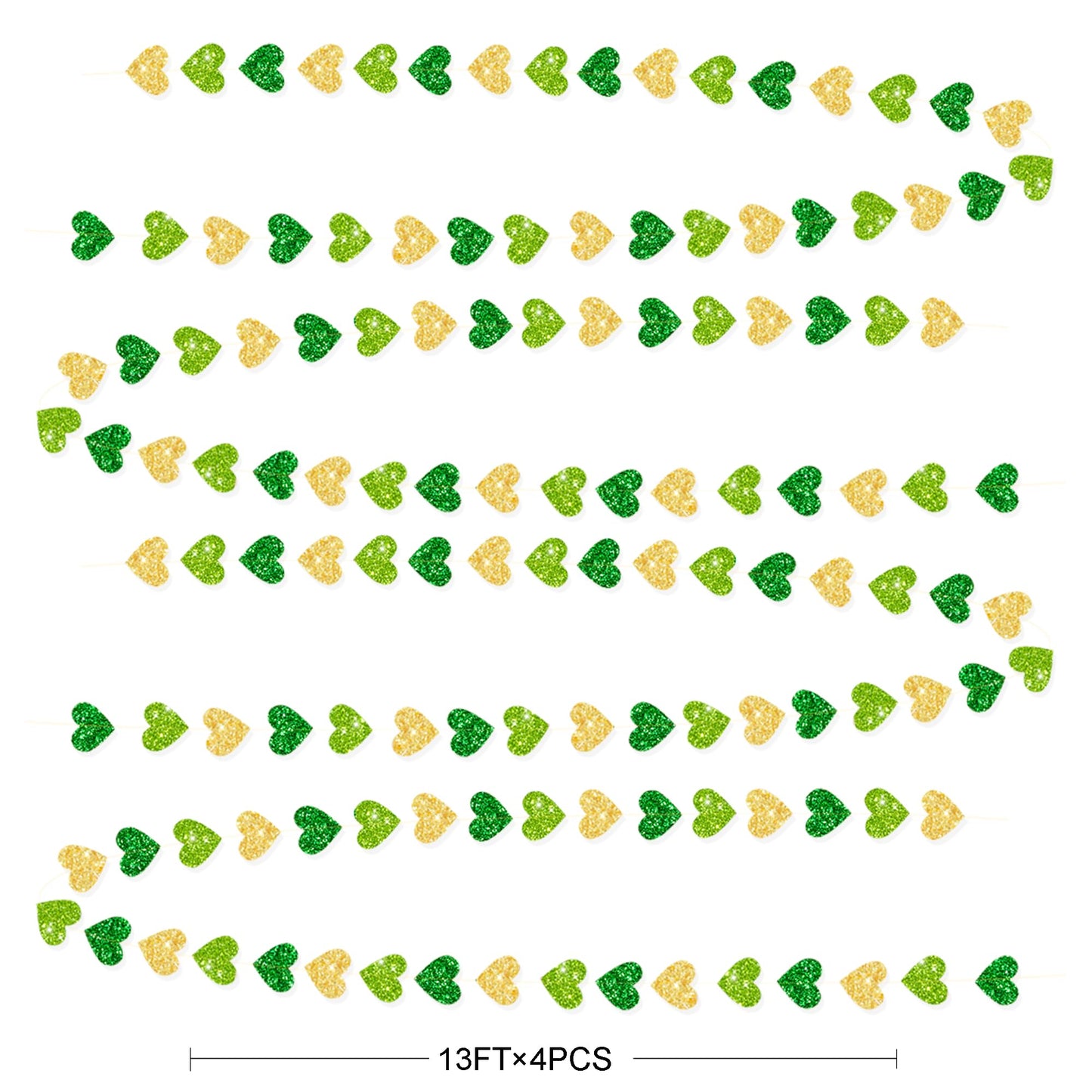 Gold and Green Heart Party Decorations Glitter Paper Love Heart Hanging Banner Streamer Garland for Birthday Wedding Valentines Day Spring Master Golf St Patrick's Day Christmas Holiday Party Supplies