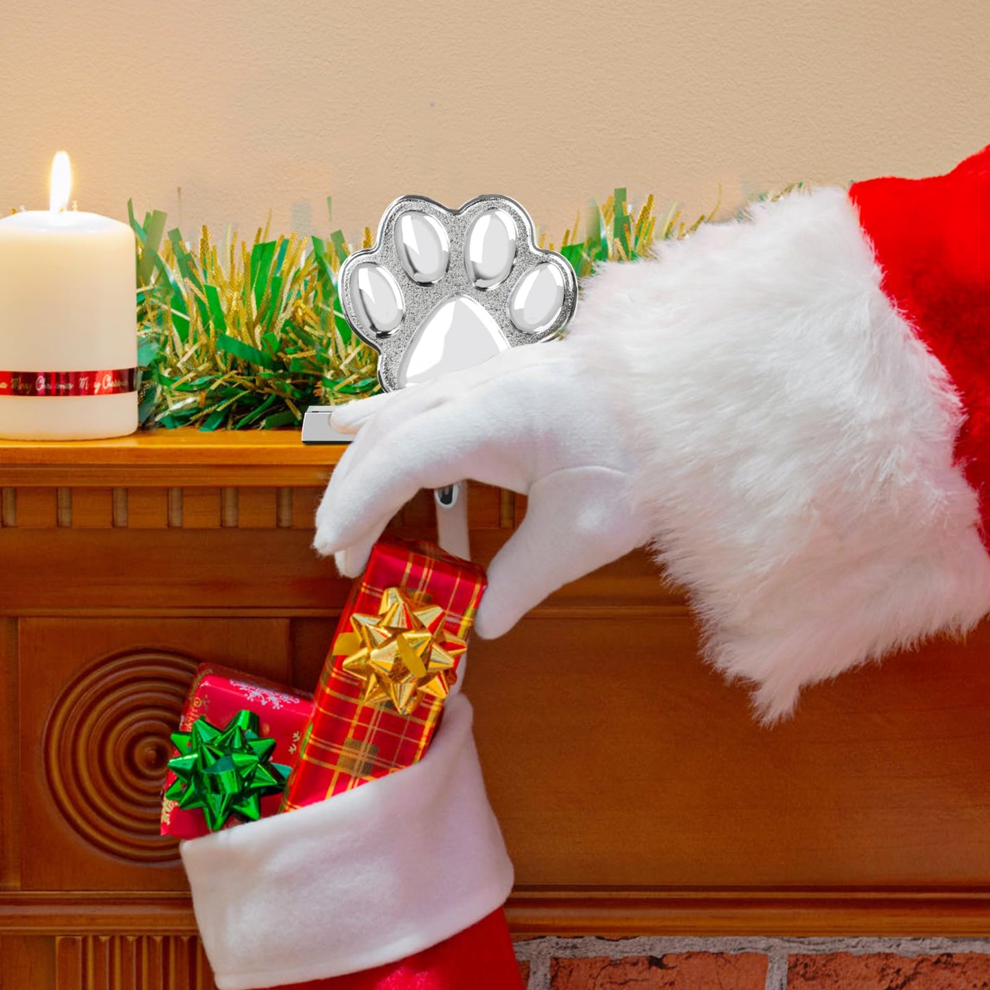 Fowecelt Dog Paw Christmas Stocking Holder, 3D Silver Metal Mantel Stocking Hanger for Mantel Shelf Stand Table Christmas Decor