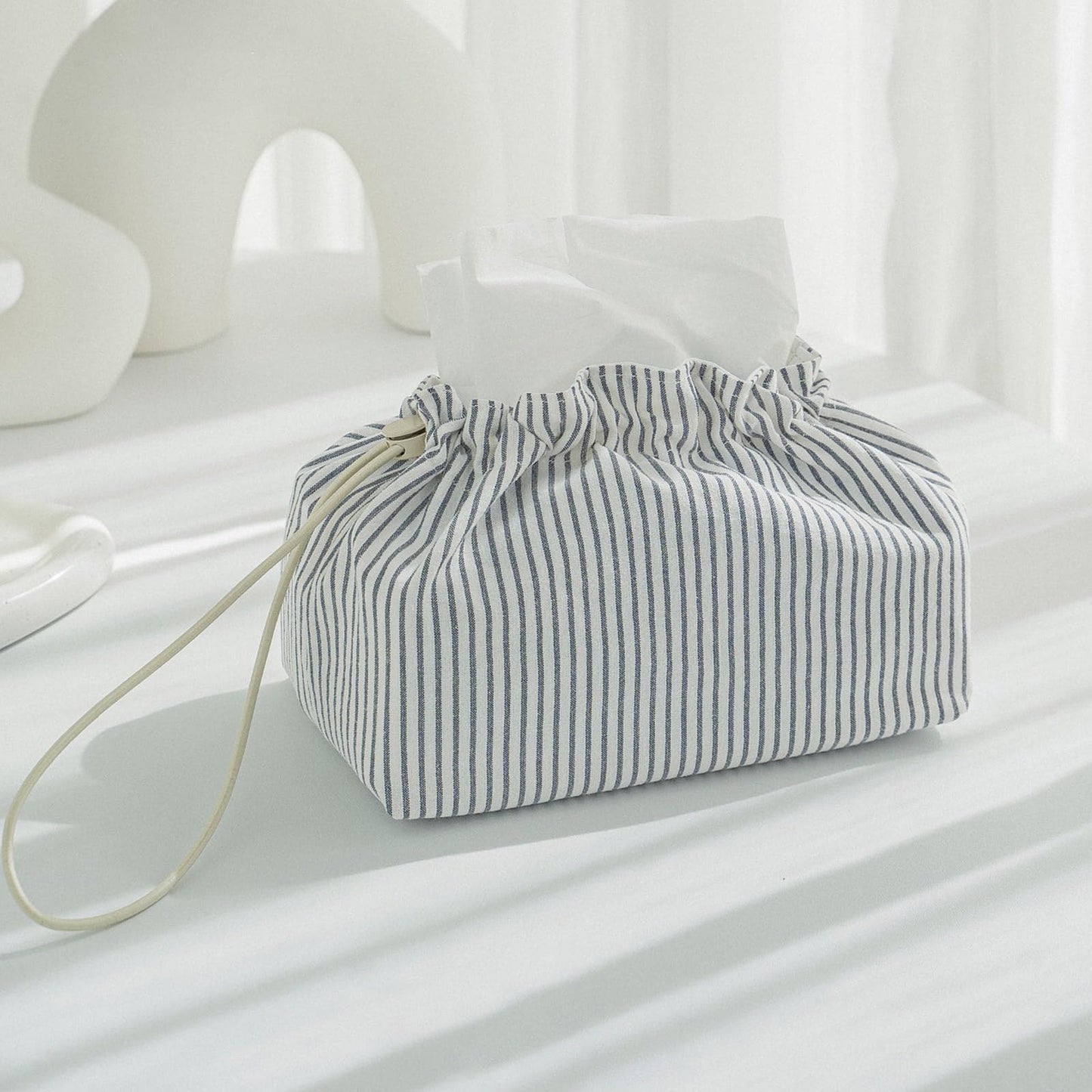 razliubit Fabric Tissue Box Cover with Handle,Blue Striped Cotton Tissue Holder for Home, Office, Bedroom, Car – Decorative Washable Tissue Case