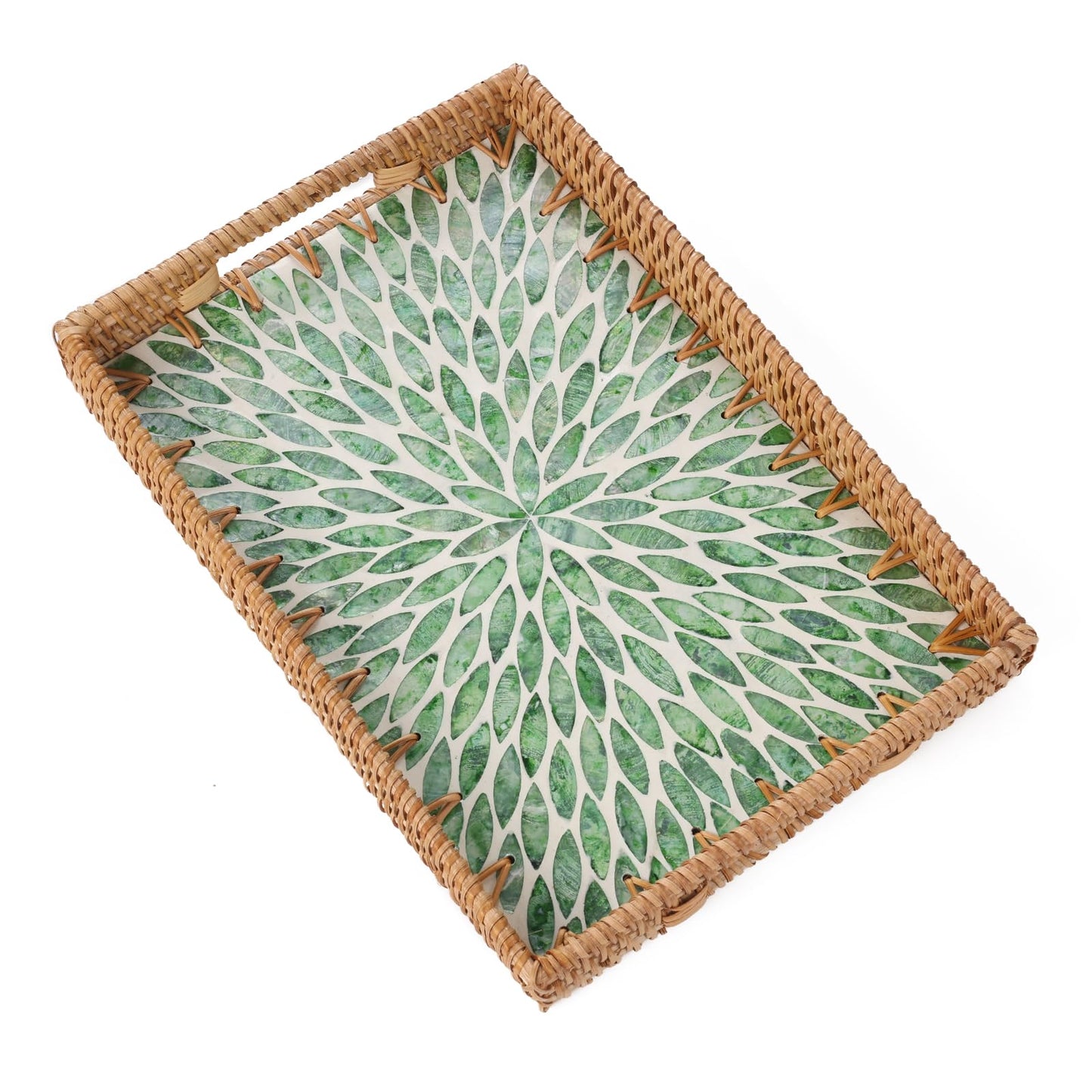 Tynulox Rectangle Rattan Tray with Mother of Pearl Inlay, Rattan Serving Tray with Handle for Coffee, Bread, Fruits, Snacks, Decorative Wicker Tray for Table Decor (Rectangle Green Leaf, 13"×9")