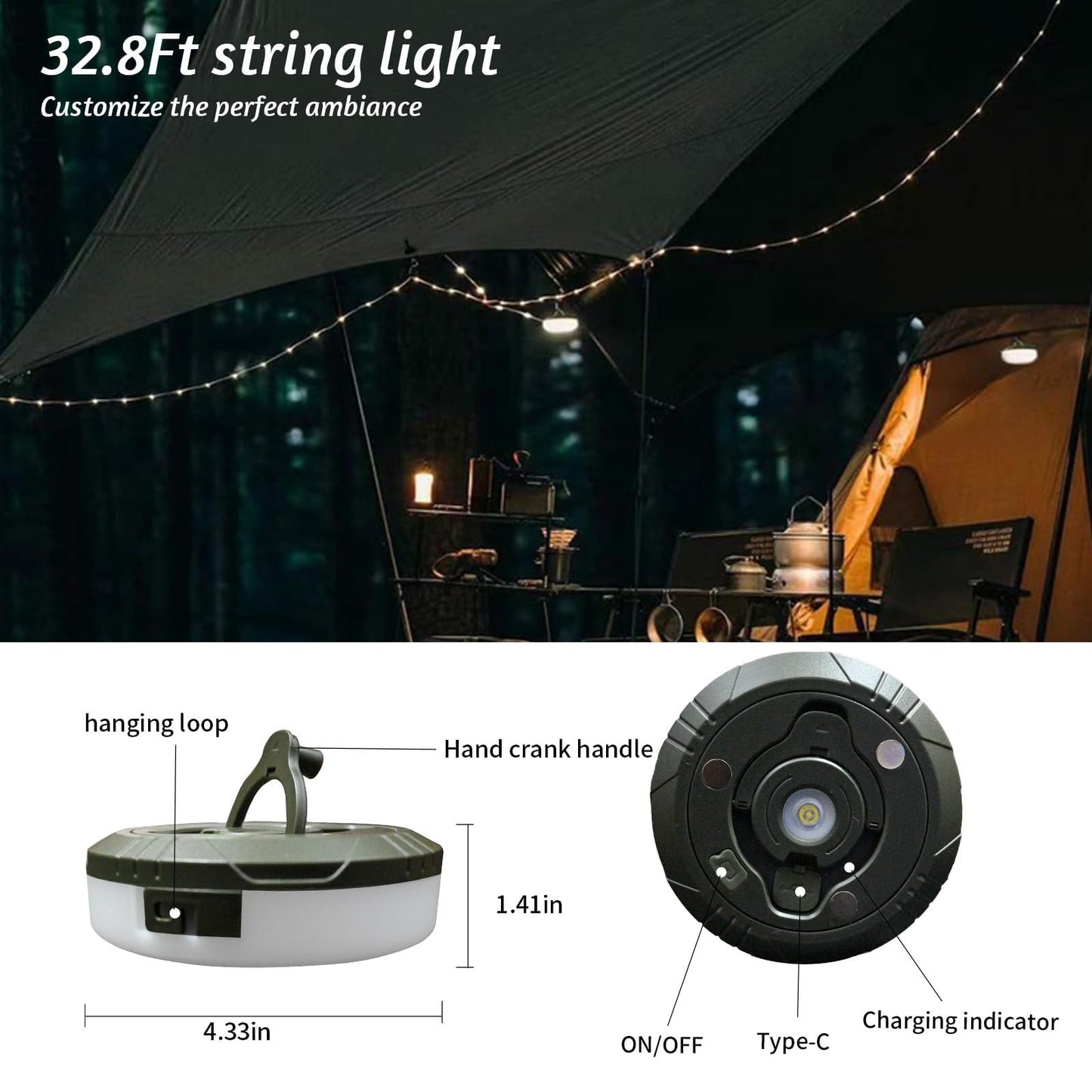 Janhaley Camping String Lights, 32.8ft Portable Outdoor String Lights with 8 Lighting Modes, Qucick Storage, 2 in 1 Waterproof Camping Lanterns for Camping, Christmas, Outdoor