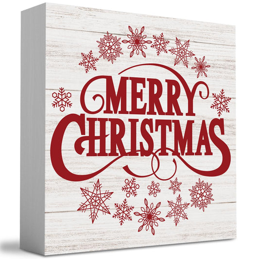 Retro Rustic Winter Merry Christmas with Snowflakes Wood Box Sign, Farmhouse Christmas Santa Artwork Decor, Wood Square Sign Desk Block Signs Home Shelf Office Decoration 5 x 5 Inches