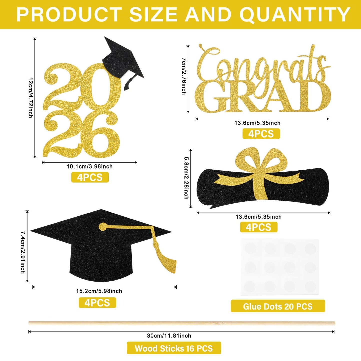 Graduation Decorations 2026, 16PCS Graduation Centerpieces for Tables, Class of 2026 Graduation Party Decorations, Gold and Black Grad Party Decors Table Toppers Sticks