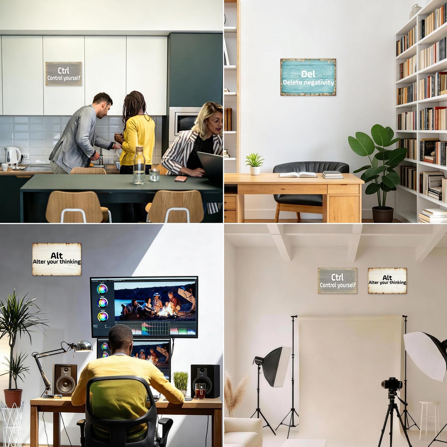 Motivational Office Decor Metal Tin Signs - Computer Keyboard Theme, Control/Alt/Delete Inspired Tin Wall Art with Positive Quotes for Home Office, Desk & Workspace Decoration, 3-Pack, 12x8 inch