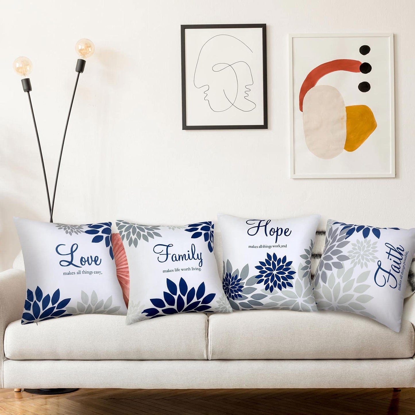 Tatuo 4 Pcs Flower Pillow Covers Square Spring Pillow Cushion Cases 18 x 18 Inch Family Faith Hope Love Words Decorative Summer Winter Cushion Case for Bed Couch Sofa Living Room(Gray Series)