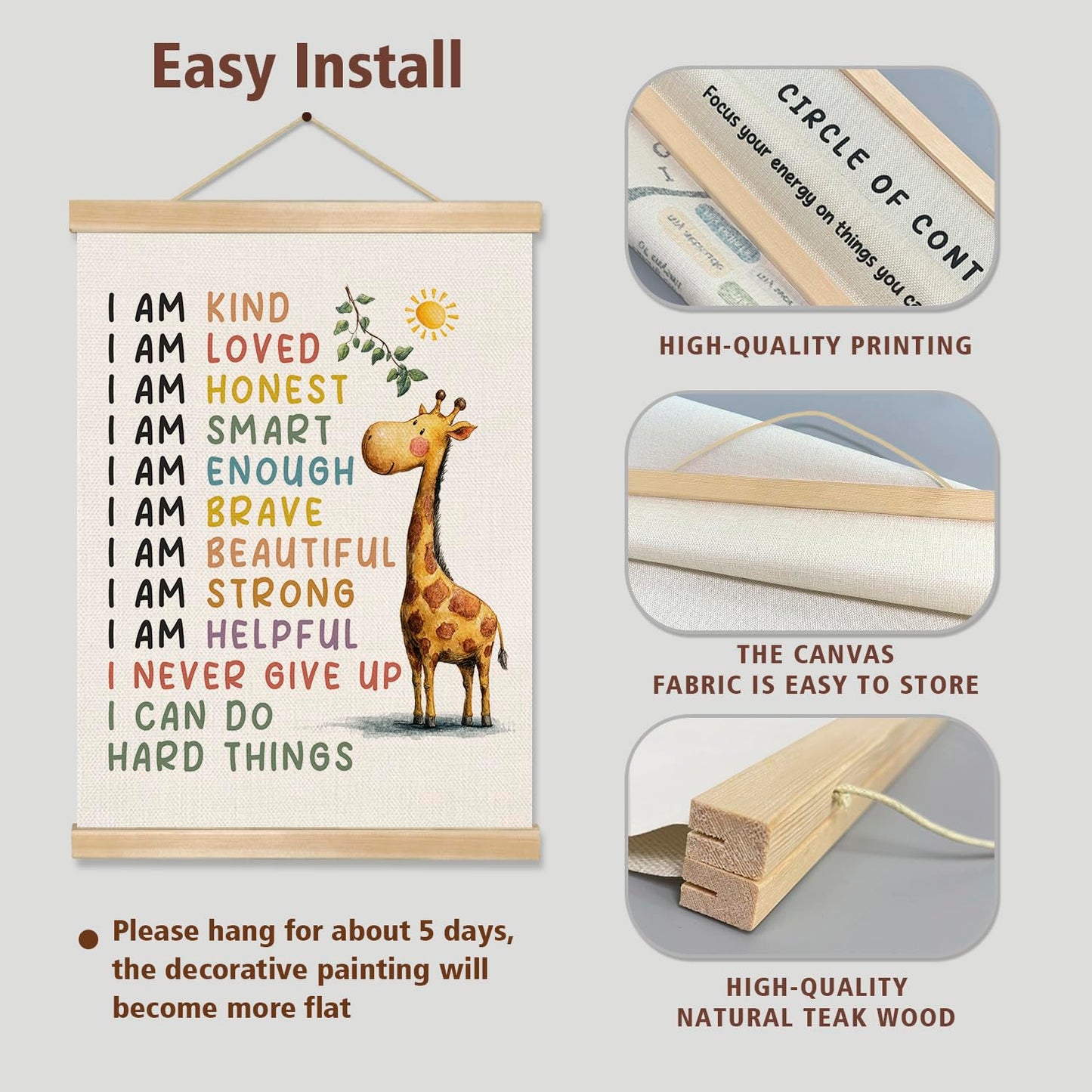 Positive Affirmations Wall Art Decor– I Am Kind,I Am Strong Canvas Poster with Giraffe Pattern, Motivational Wall Hanging Decor for Classroom Nursery Playroom,Kids Room Decor 14.5x18Inch(Je03)