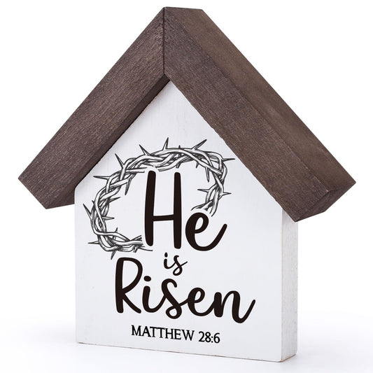 MBL Christian Easter Decor Decorations - Wood He Is Risen Sign Bible Verse Religious Easter Basket Stuffers Essentials Rustic Table Home Living Room Bedroom Shelf Tiered Tray for Women Men Teen Adults