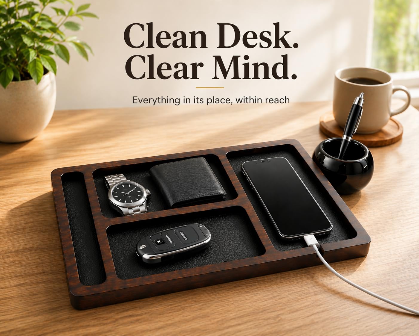 Desk Organizer Tray for Men with Ceramic Pen Holder, Wooden Valet Tray, Minimalist EDC Desk Organizer for Phone, Wallet, & Keys, Nightstand Bedside, Entryway, Birthday Gift for Men, Dad, Husband